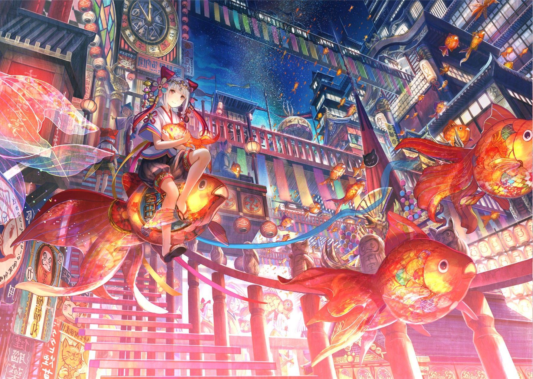 1761x1253 anime, Oriental, Asian Architecture, Fantasy Art, Steampunk, Anime Girls, Fish, Night, Sky Wallpaper HD / Desktop and Mobile Background