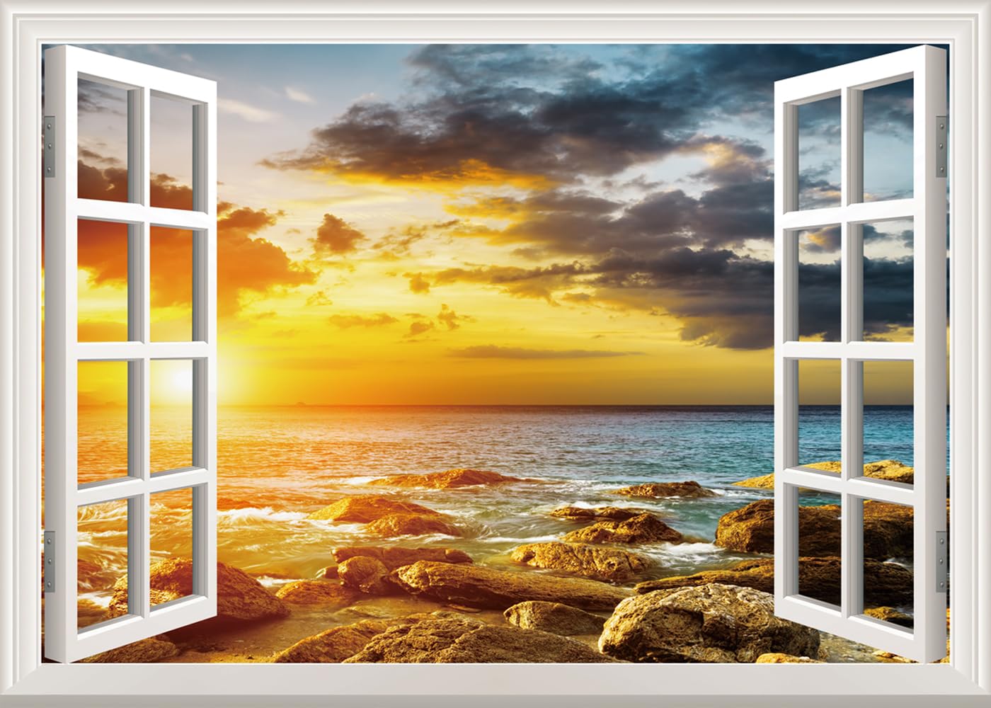 1400x1000 Fake Window Wall Mural Sticker Sunset Beach Faux Window Sea Decals Poster Picture Open Window Office Wall Art Room Decor, Stick and Peel Wallpaper Nature Scenery, 16x24 : Tools & Home Improvement