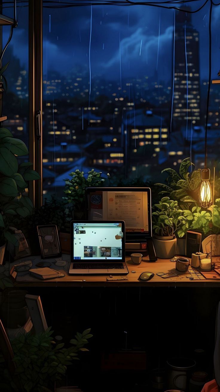 736x1308 free wallpaper 4K window, rain, night city, computer, room for mobile and desktop