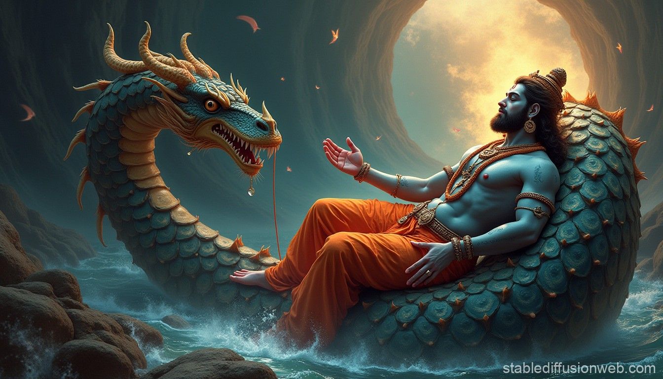 1344x768 Vishnu on Sheshnag. Stable Diffusion Online
