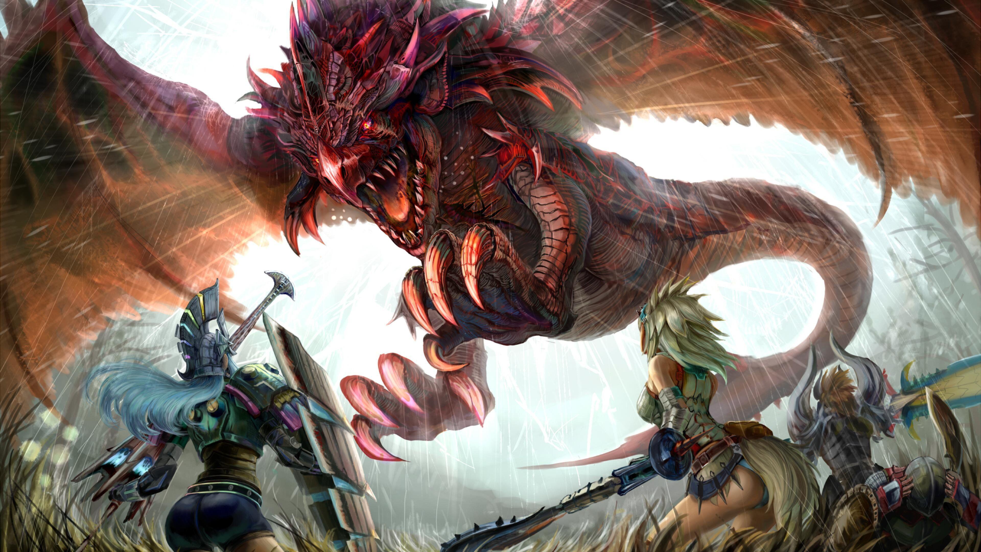 3840x2160 MONSTER HUNTER online mmo rpg fantasy hunting 1mhf action dragon fighting anime warrior dinosaur wallpaperx2160