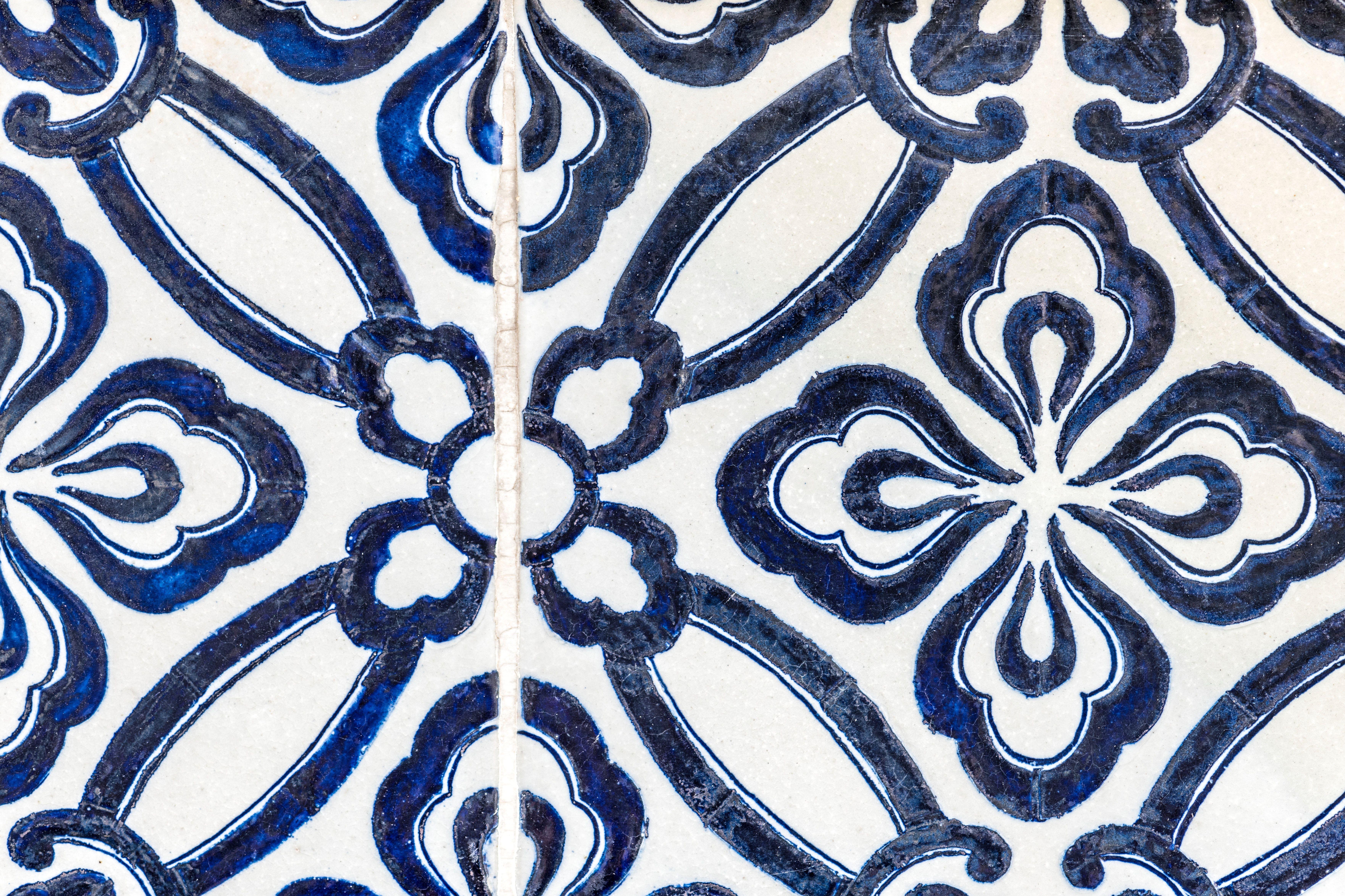 7046x4697 Free photo: Blue and White Floral Wallpaper, Painted, Tile