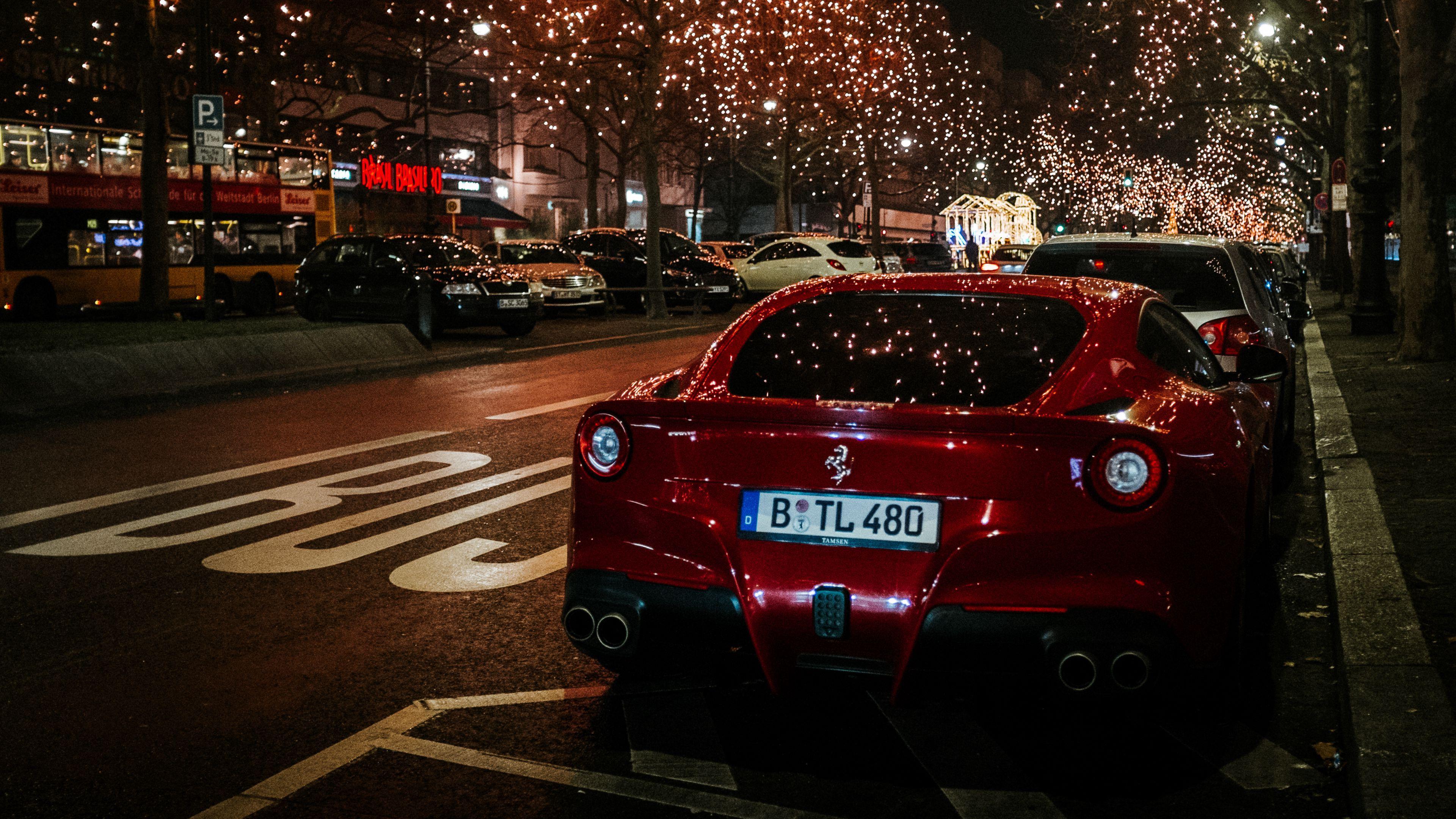 3840x2160 Download wallpaper 3840x2160 ferrari, rear view, red, night city