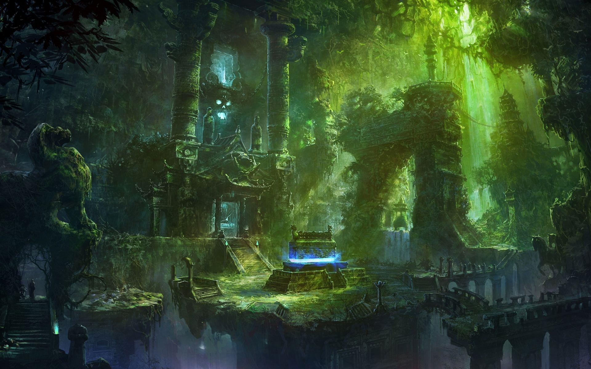 1920x1200 fantasy, Temple, Jungle, Spooky, Skull, Skulls, Dark, Magic, Ruins