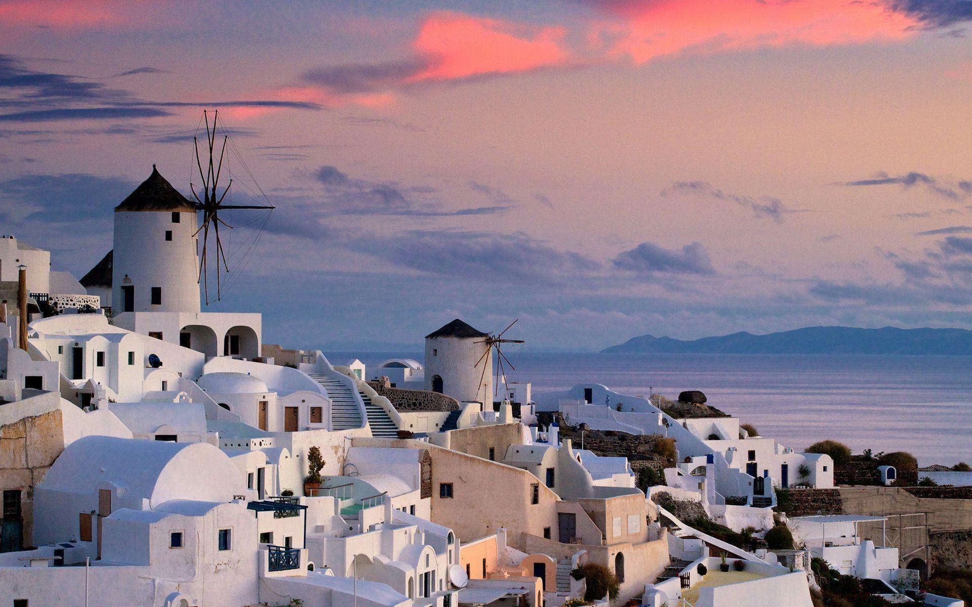 1920x1200 The ocean city water home Greece Oia sunset sky clouds