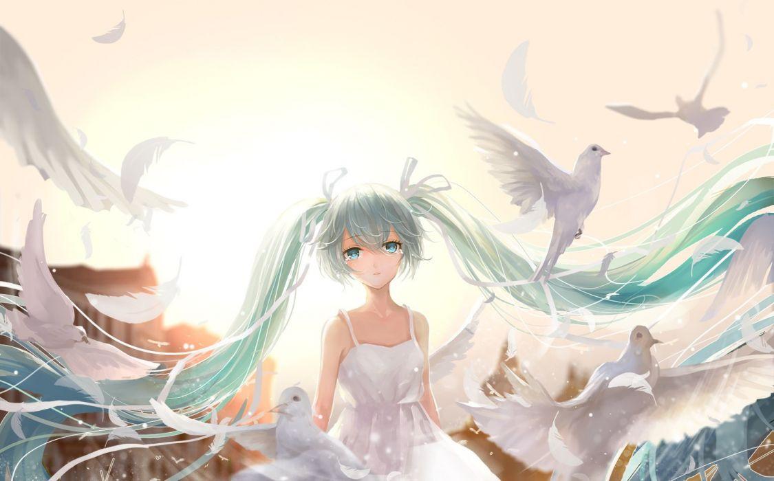 1125x700 Anime Vocaloid Hatsune Miku Looking Girl Bare Shoulders Dove Bird