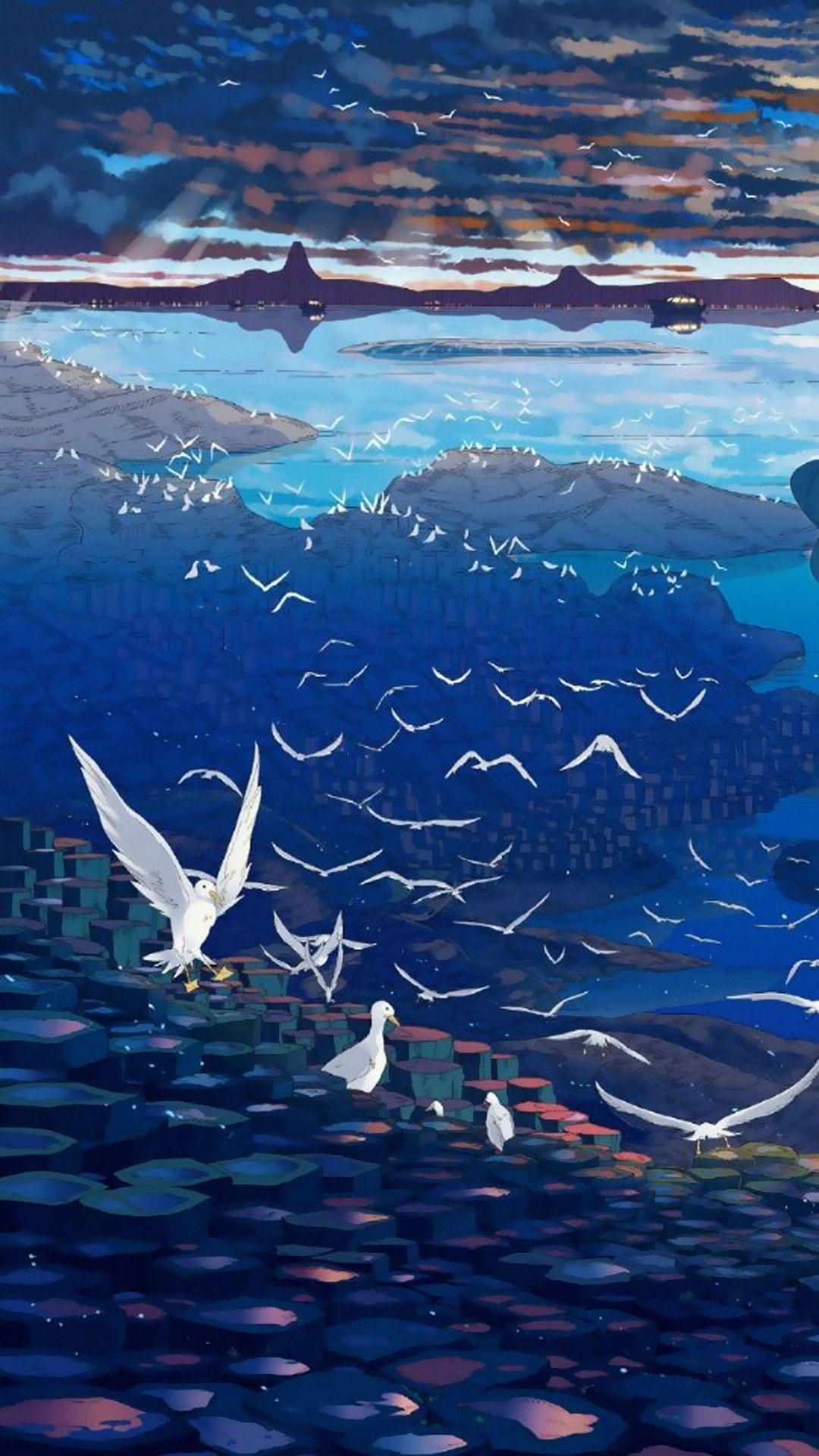 1080x1920 Quiet night, blue sea, birds flying together.#NightViewcity