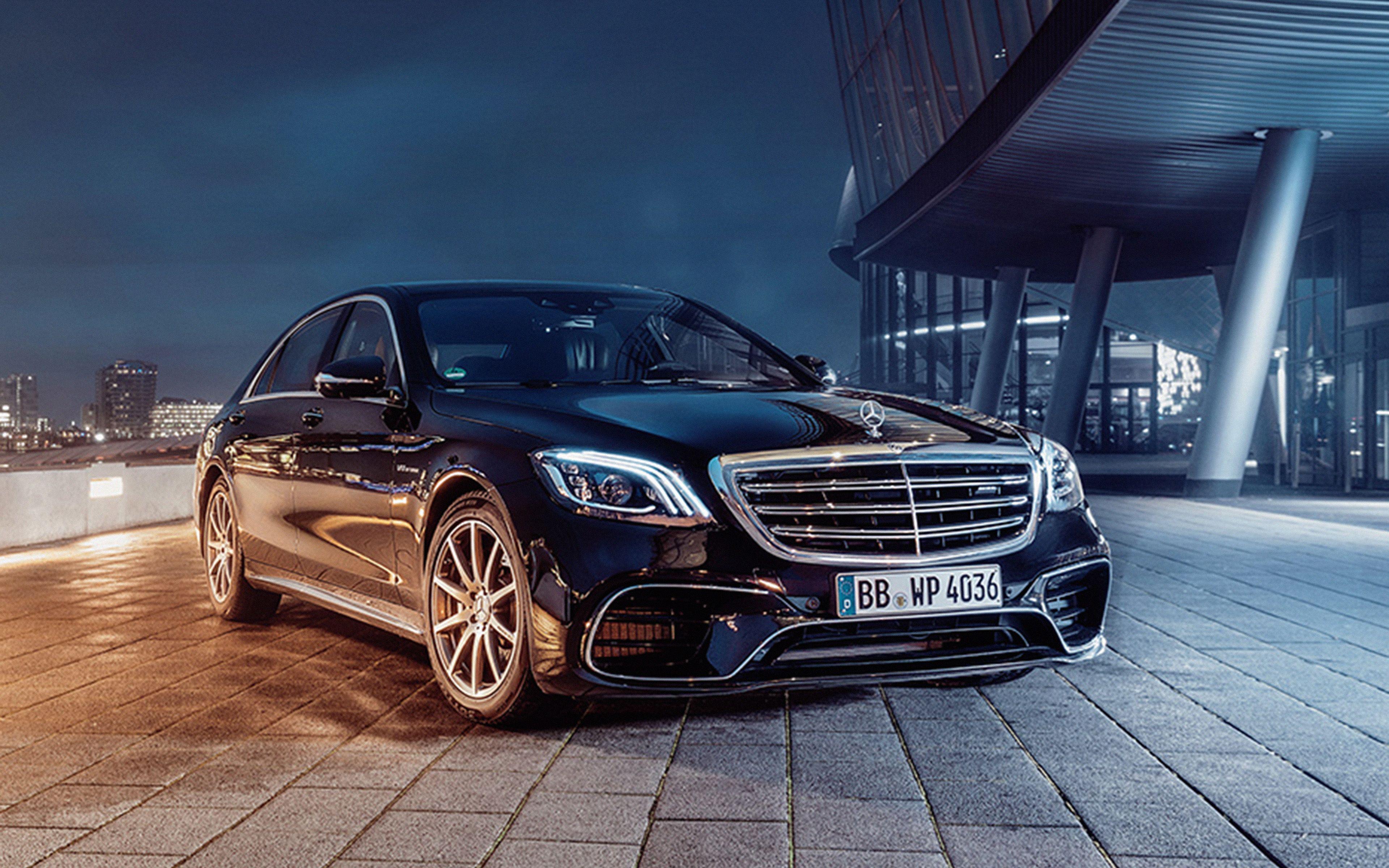 3840x2400 Car Benz Black City Drive Art Wallpaper