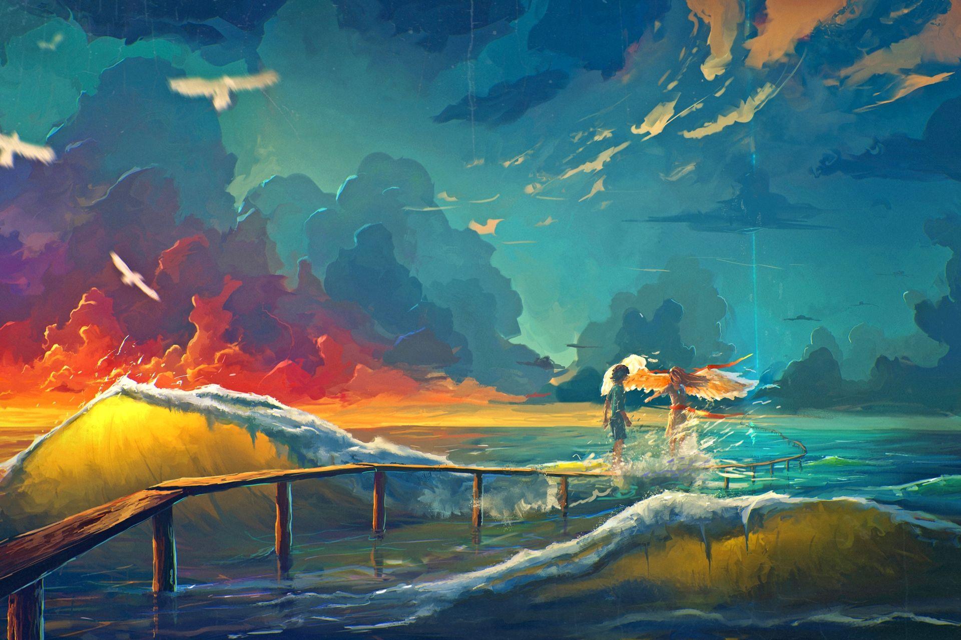 1920x1280 fantasy, ocean, girl, boy, pastel, waves, magic, angel, birds