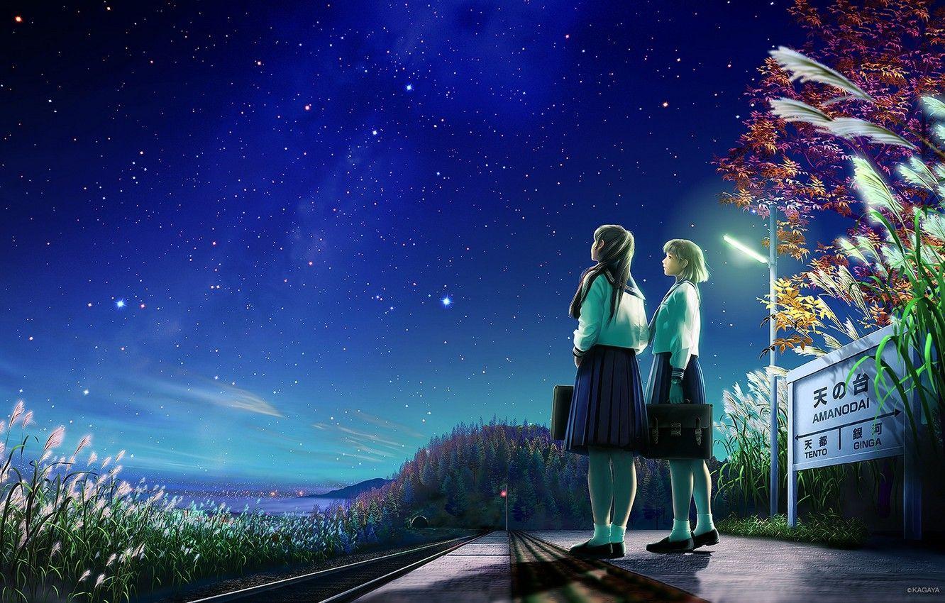 1332x850 Wallpaper road, stars, night, nature, girls, sign, anime, art, form, Schoolgirls, kagaya image for desktop, section сёдзё