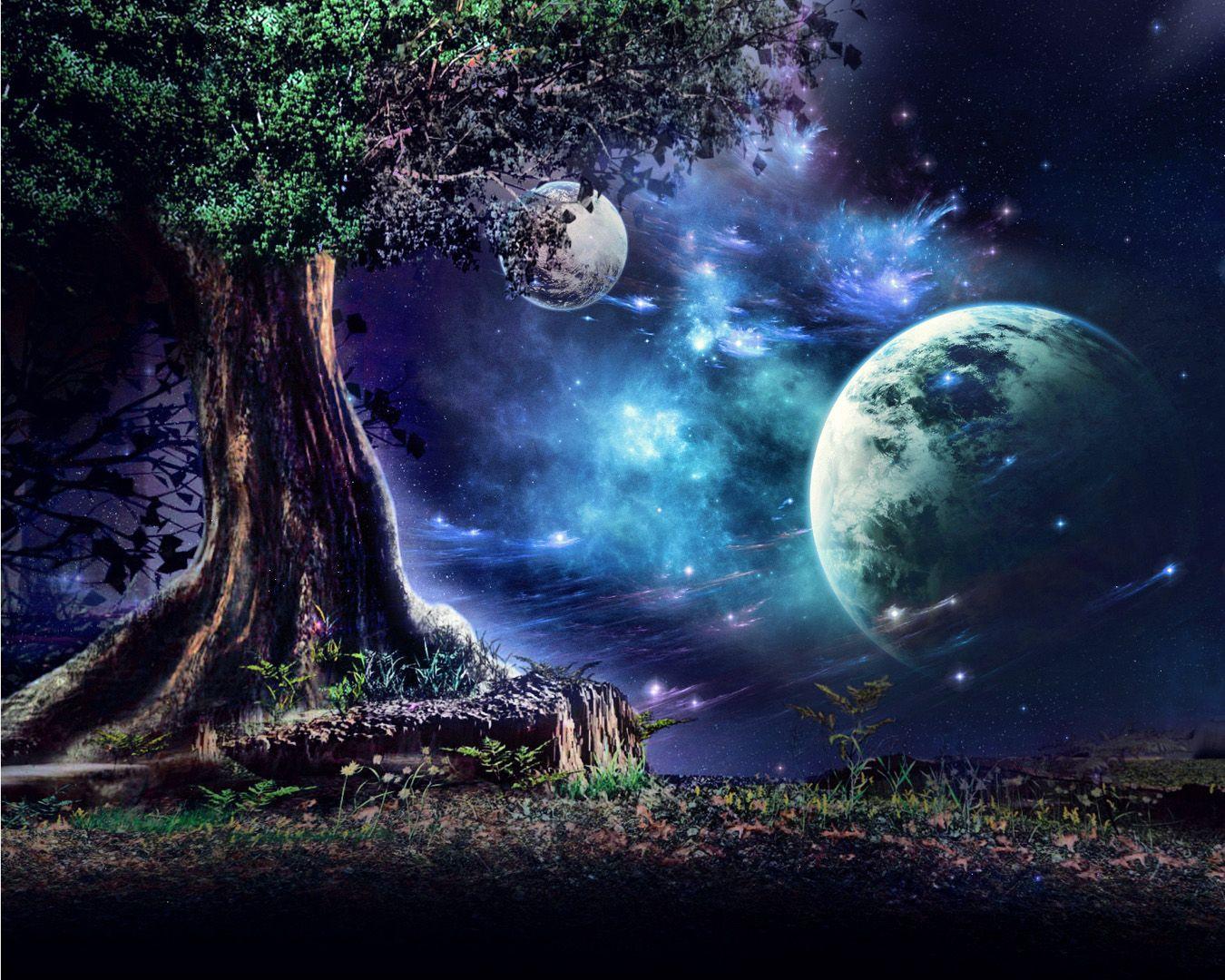 1350x1080 Desktop Wallpaper KAGAYA Planets Fantasy Trees