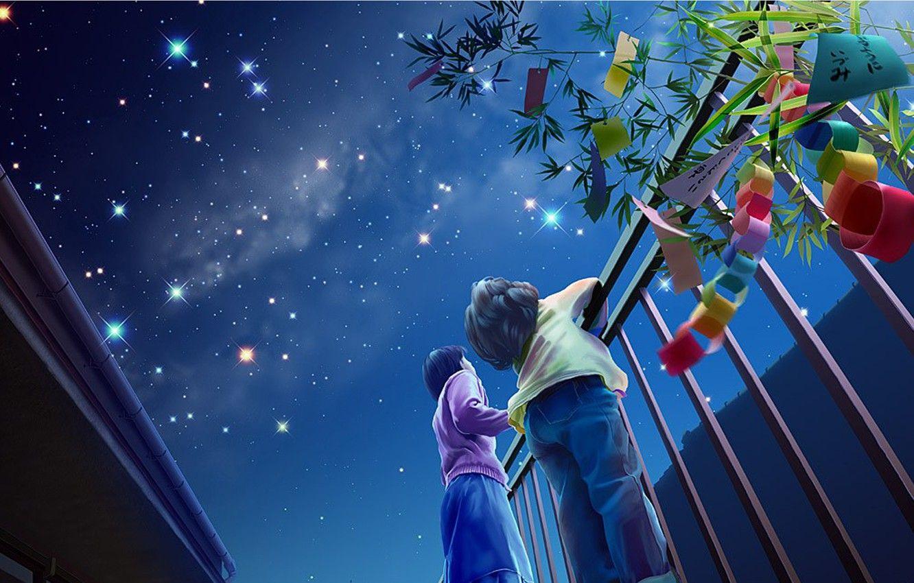 1332x850 Wallpaper night, children, holiday, starry sky, Yutaka Kagaya, yutaka kagaya image for desktop, section настроения