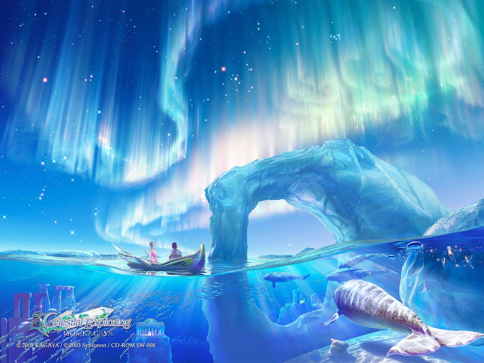 1600x1200 Wallpaper aurora borealis, kagaya, celestial exploring, boat