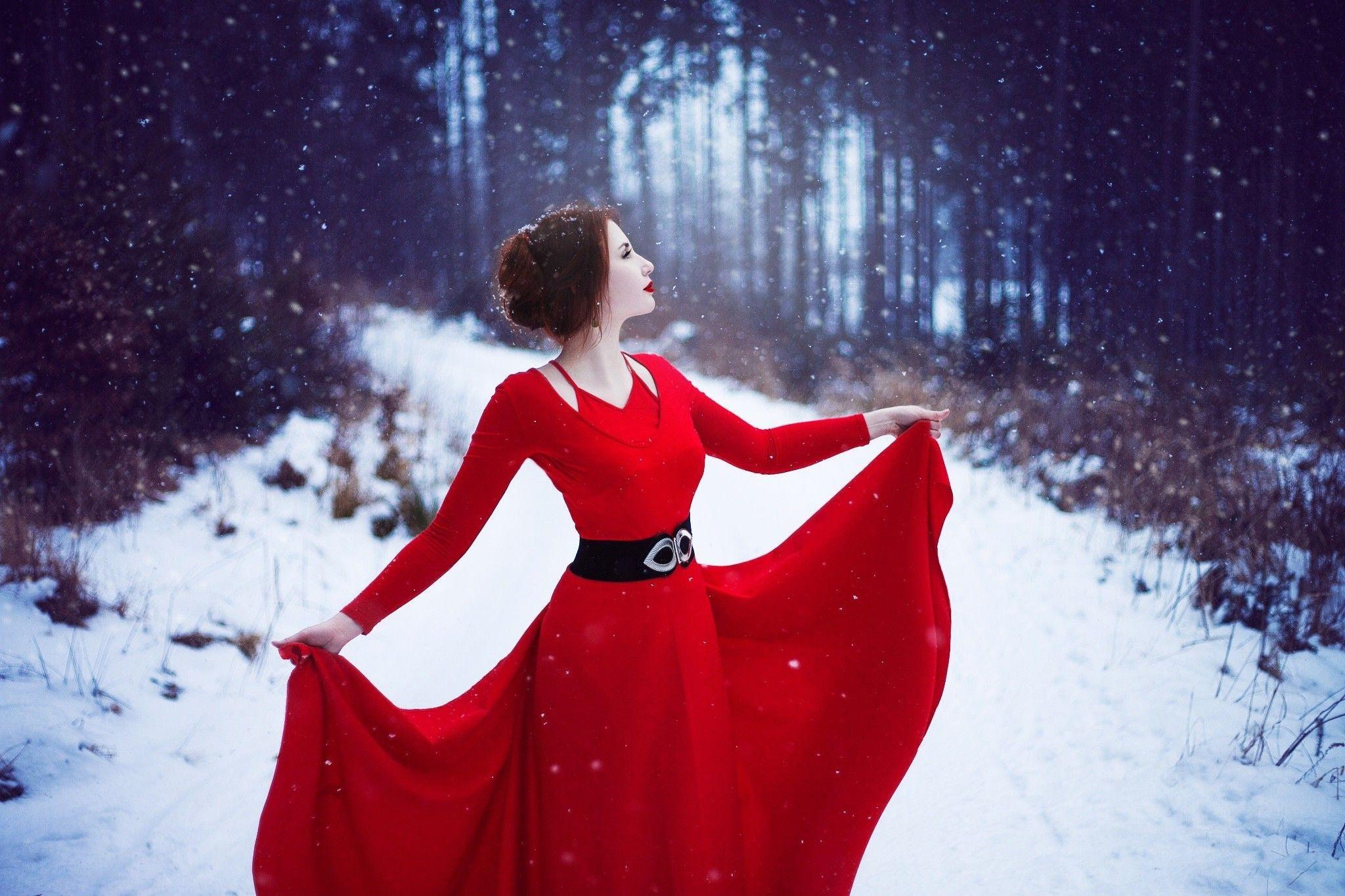 2048x1365 Red Dress Woman In Snow, HD Girls, 4k Wallpaper, Image