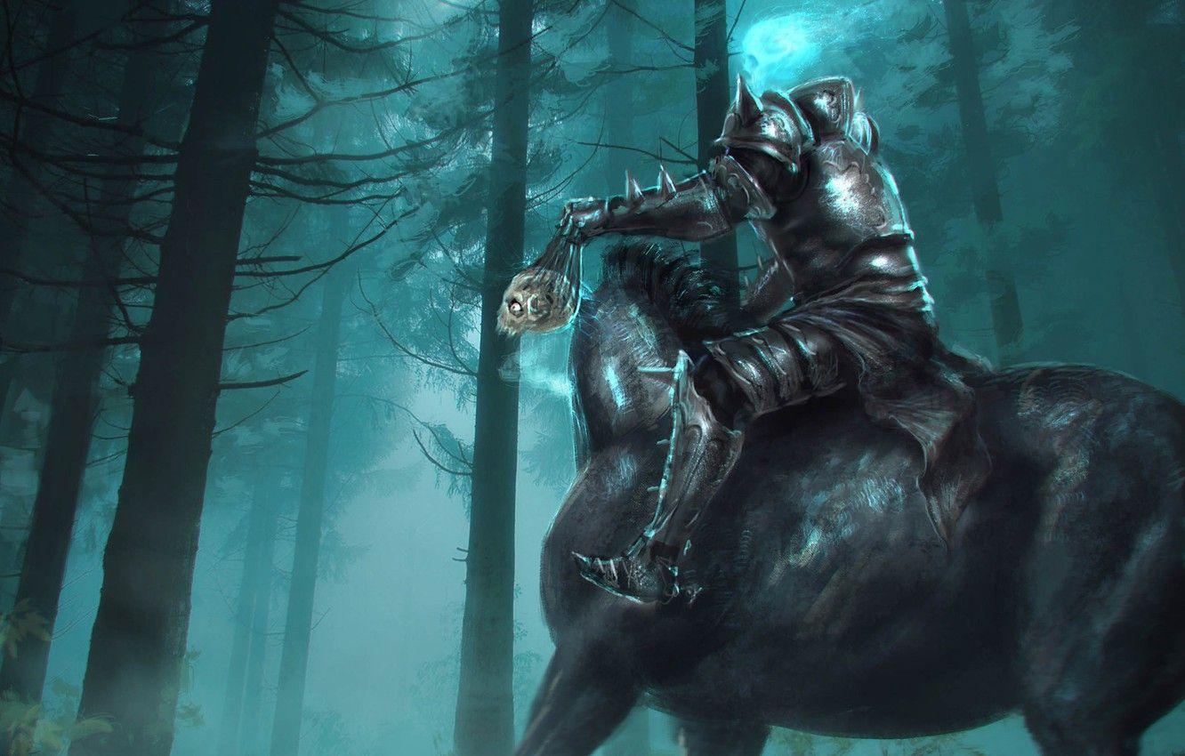 1332x850 Wallpaper sake, fantasy, forest, armor, trees, horse, digital art