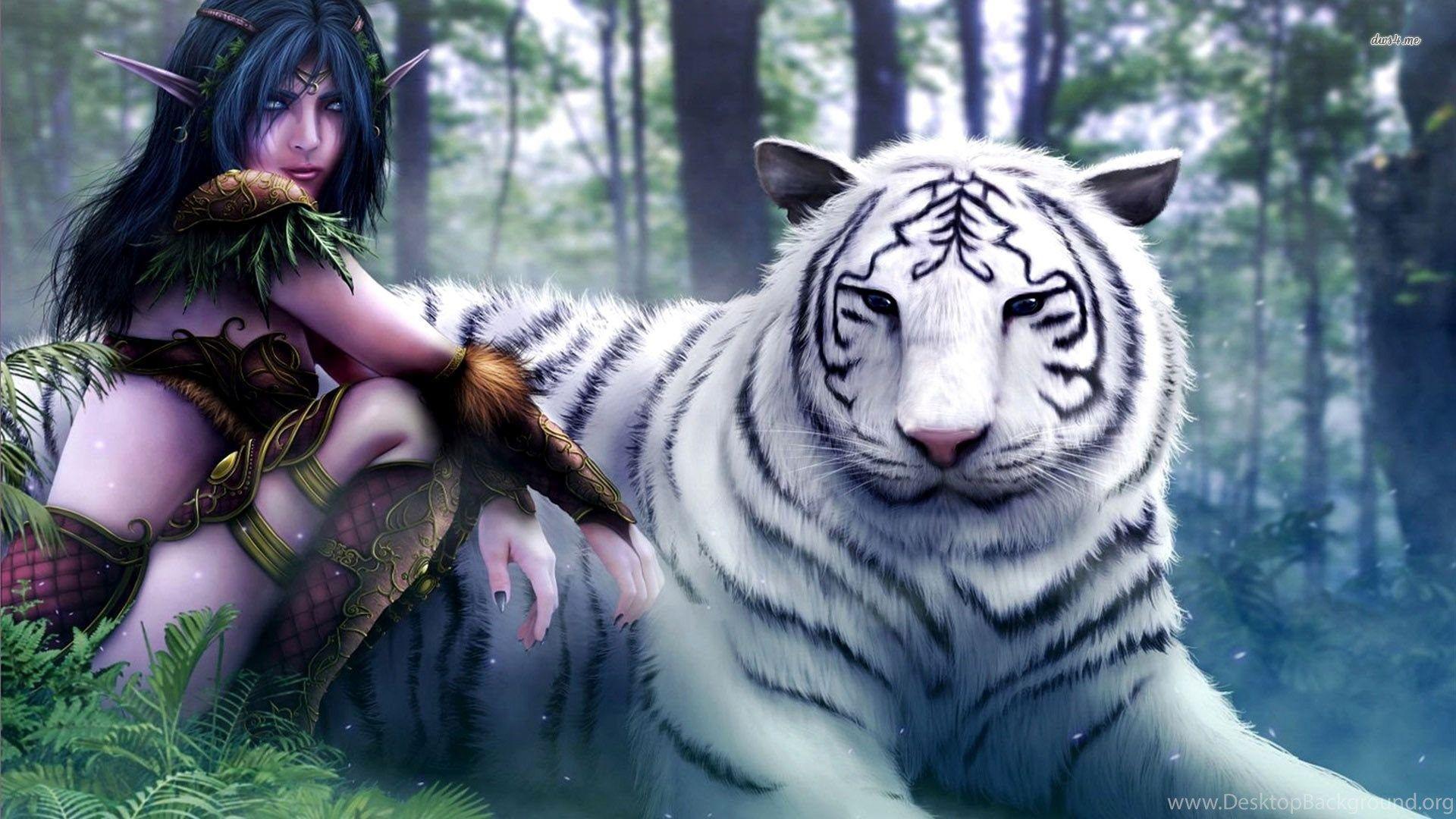 1920x1080 White Tiger With Elf Wallpaper Digital Art Wallpaper Desktop