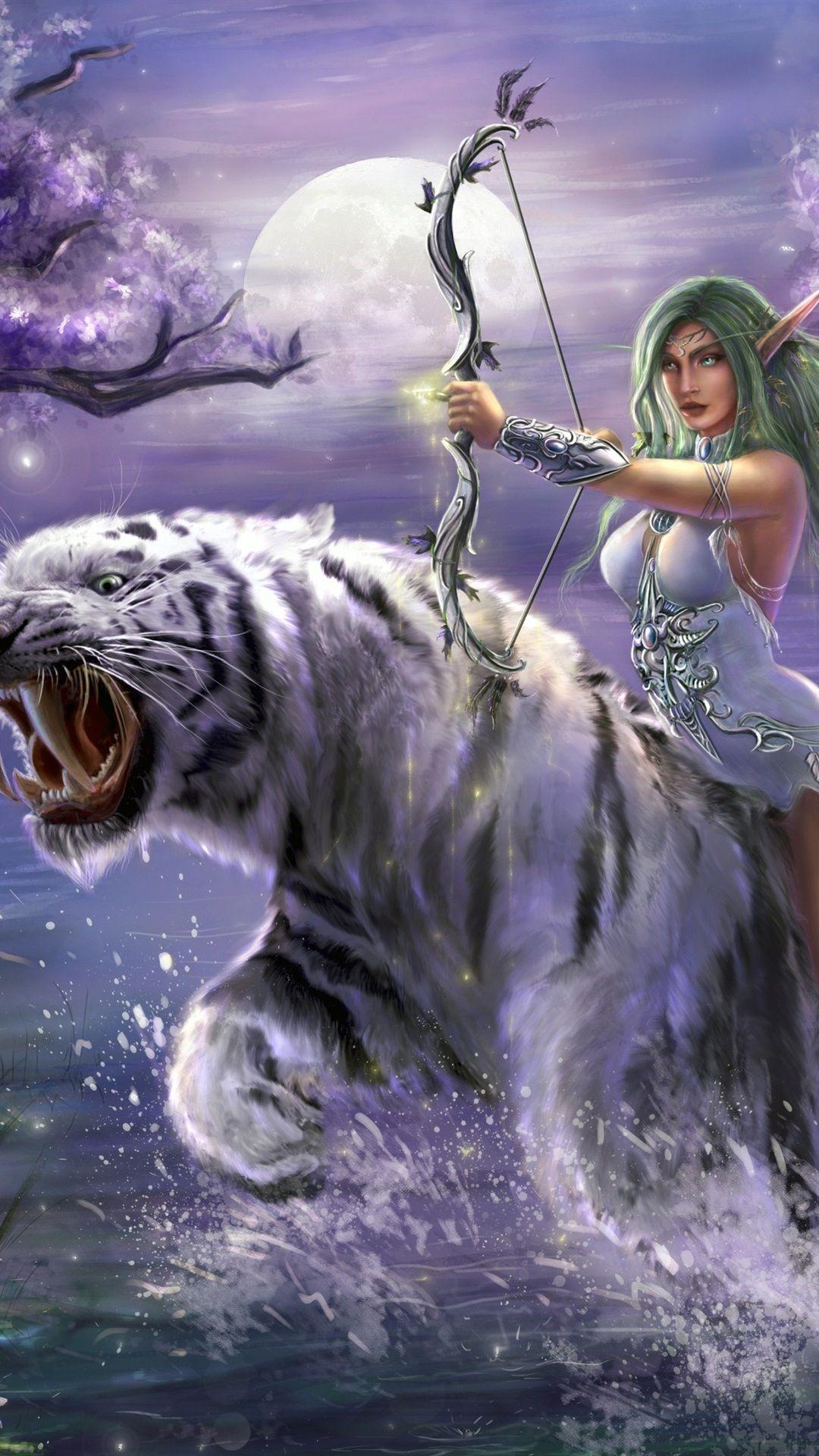 1080x1920 Fantasy girl, green hair, elf, bow, white tiger, art drawing