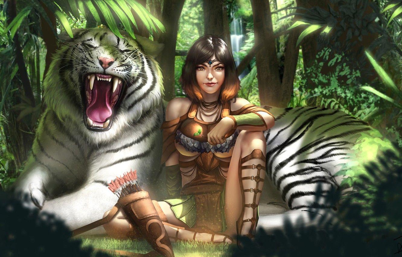 1332x850 Wallpaper forest, girl, tiger, jungle, art, white tiger, Kiera