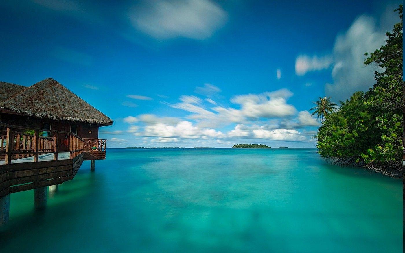 1400x875 nature, Landscape, Bungalow, Sea, Clouds, Walkway, Beach, Maldives