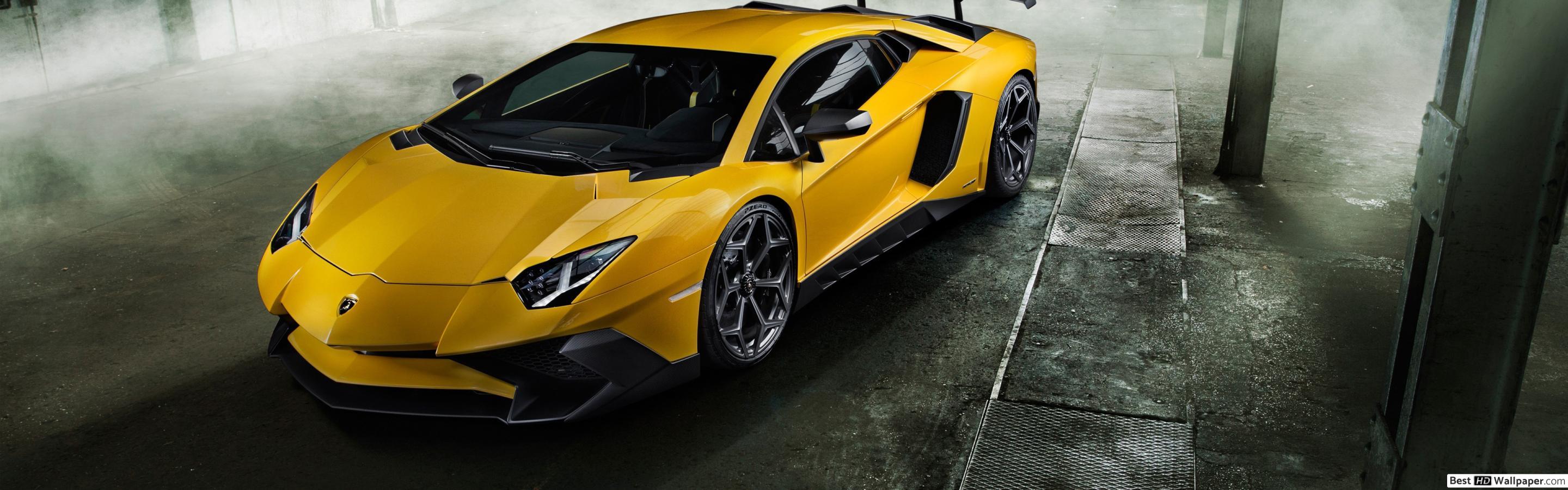 2880x900 Yellow Lamborghini Aventador SV Sports Car HD wallpaper download