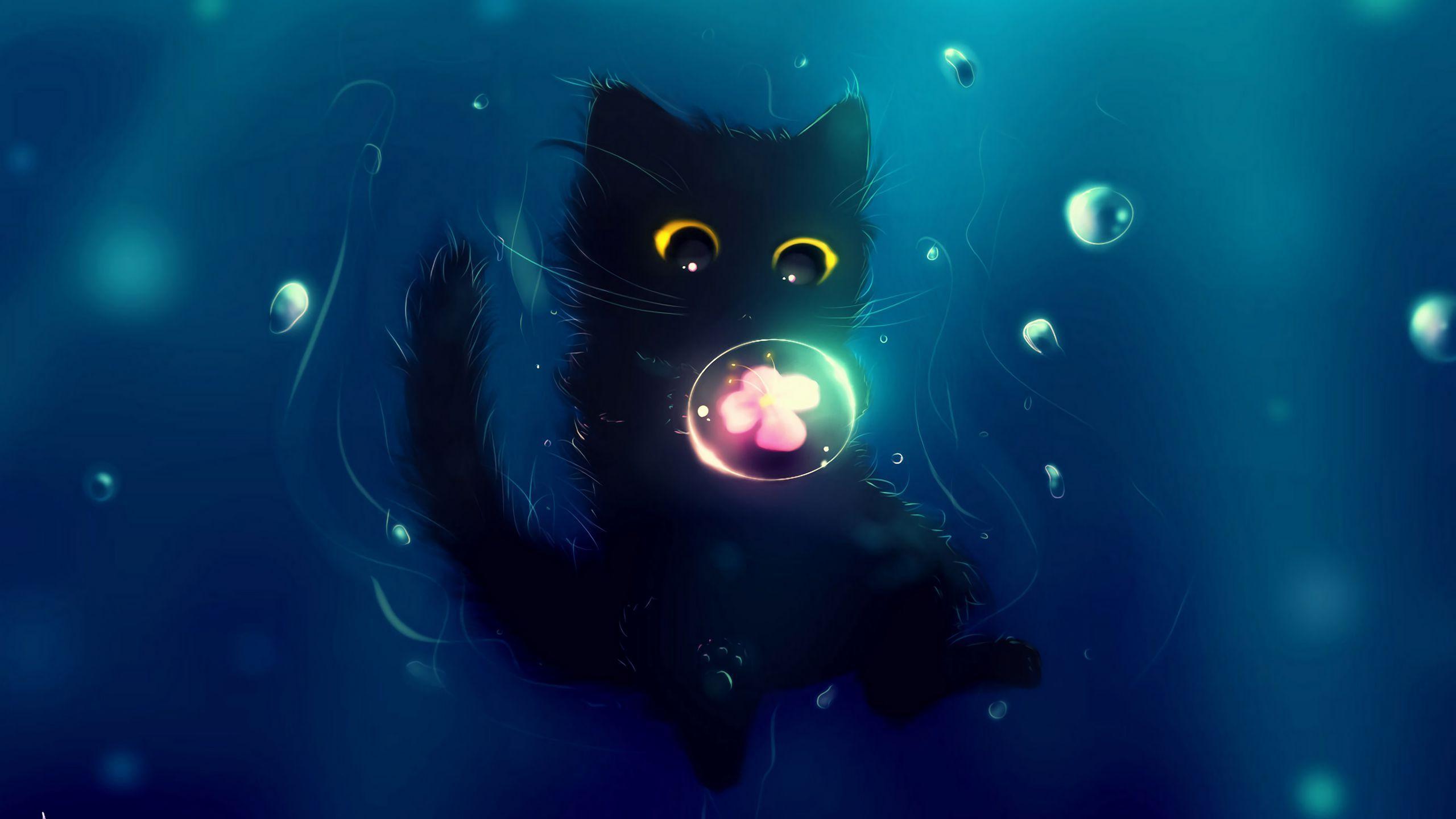 2560x1440 Download wallpaper 2560x1440 cat, cute, ball, flower, art