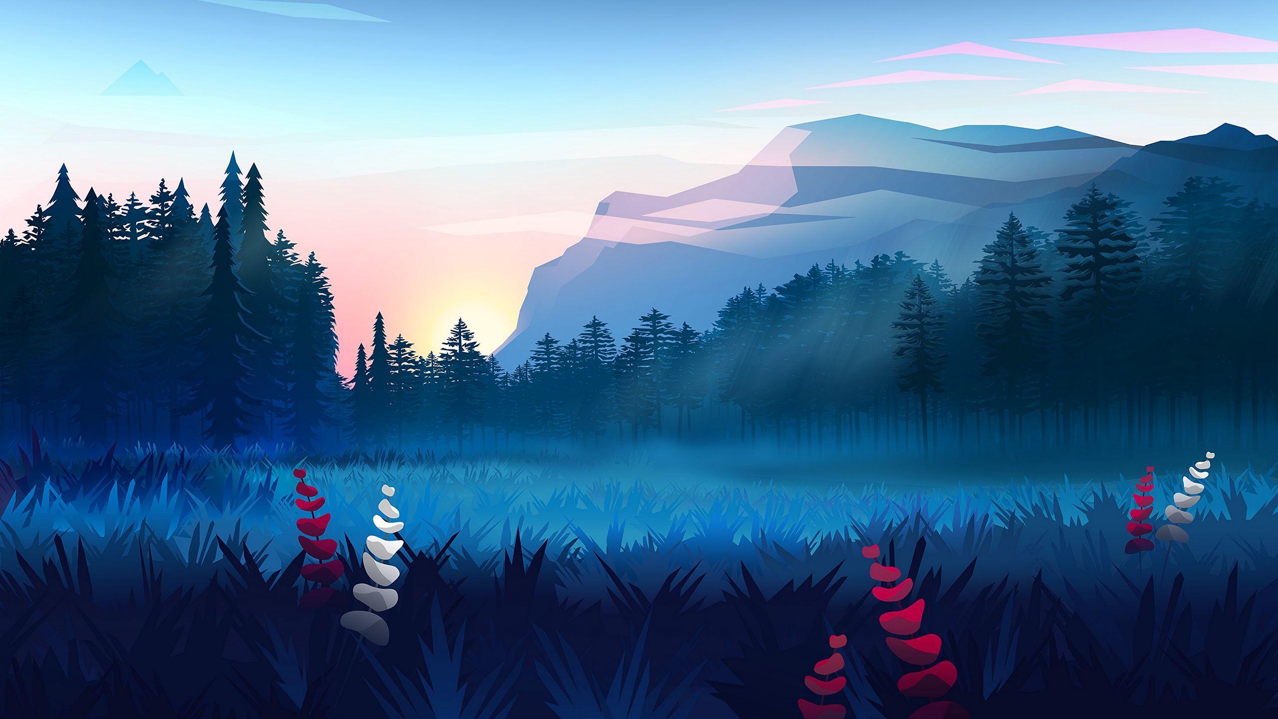 2560x1440 Download wallpaper 2560x1440 lawn, forest, mountains, fog