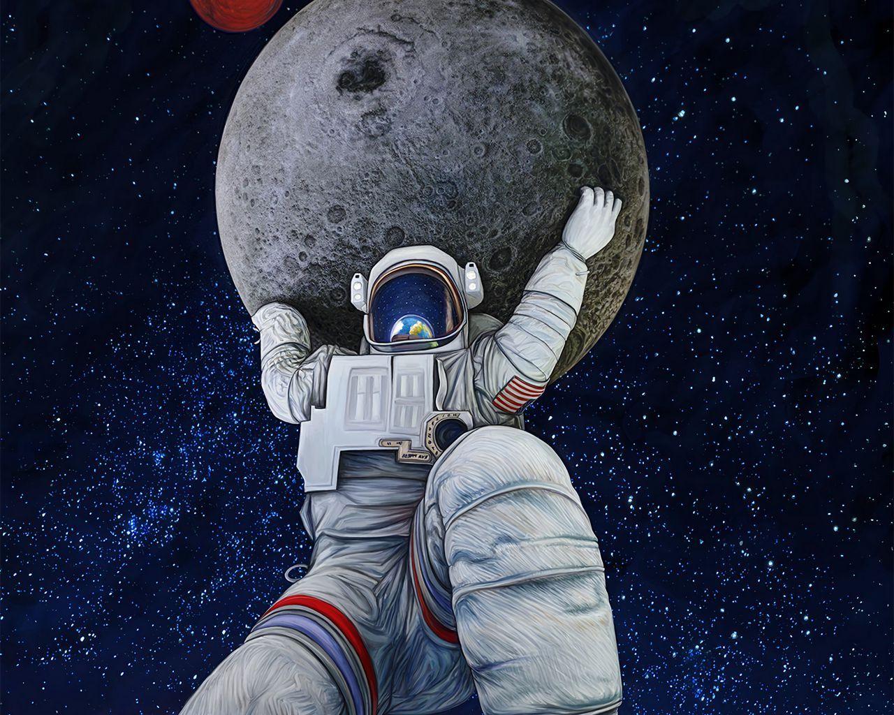 1280x1024 Download wallpaper 1280x1024 astronaut, giant, art, planets, space