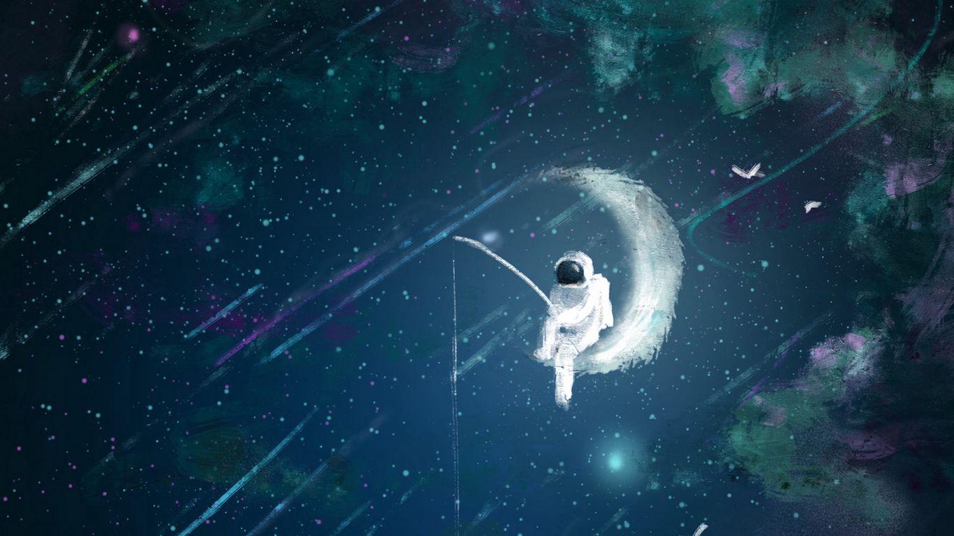 1366x768 Download wallpaper 1366x768 astronaut, moon, fishing, art tablet