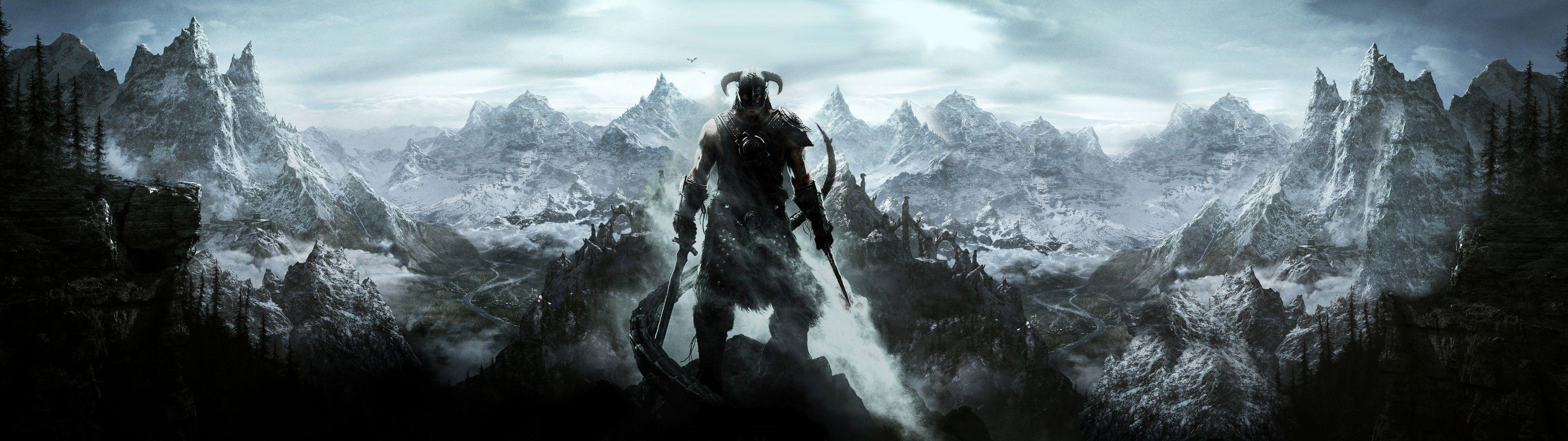 3840x1080 The Elder Scrolls V: Skyrim, Mountain, Snow, Fantasy Art, Sword, Video Games, Landscape Wallpaper HD / Desktop and Mobile Background