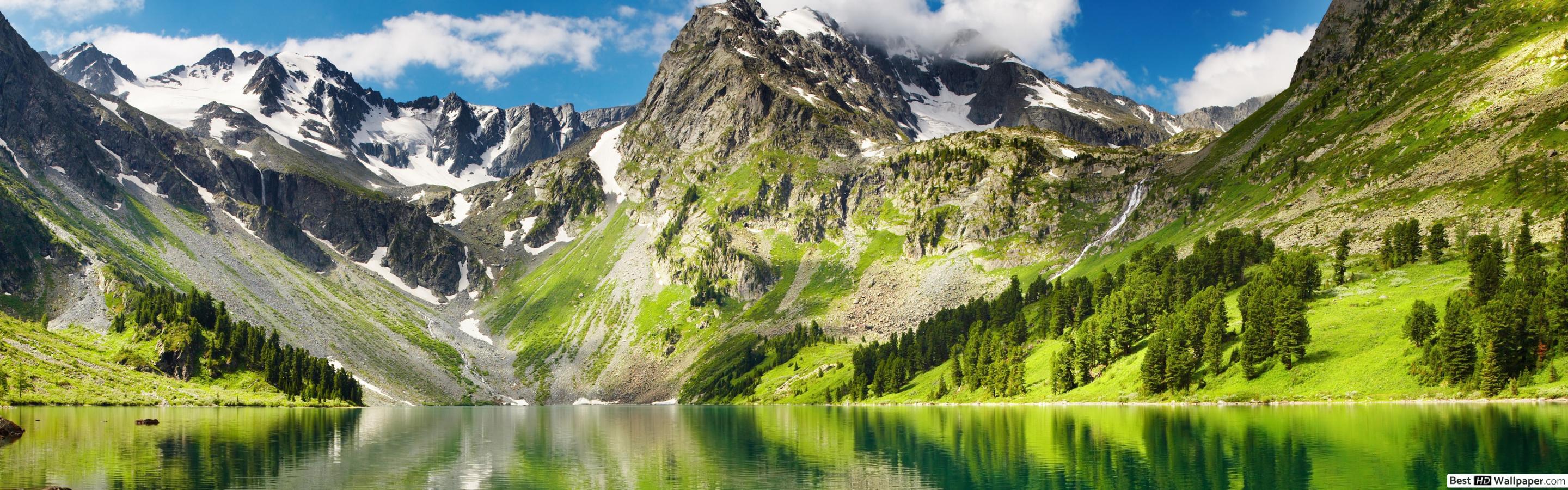 2880x900 View of a lake and mountains from nature HD wallpaper download