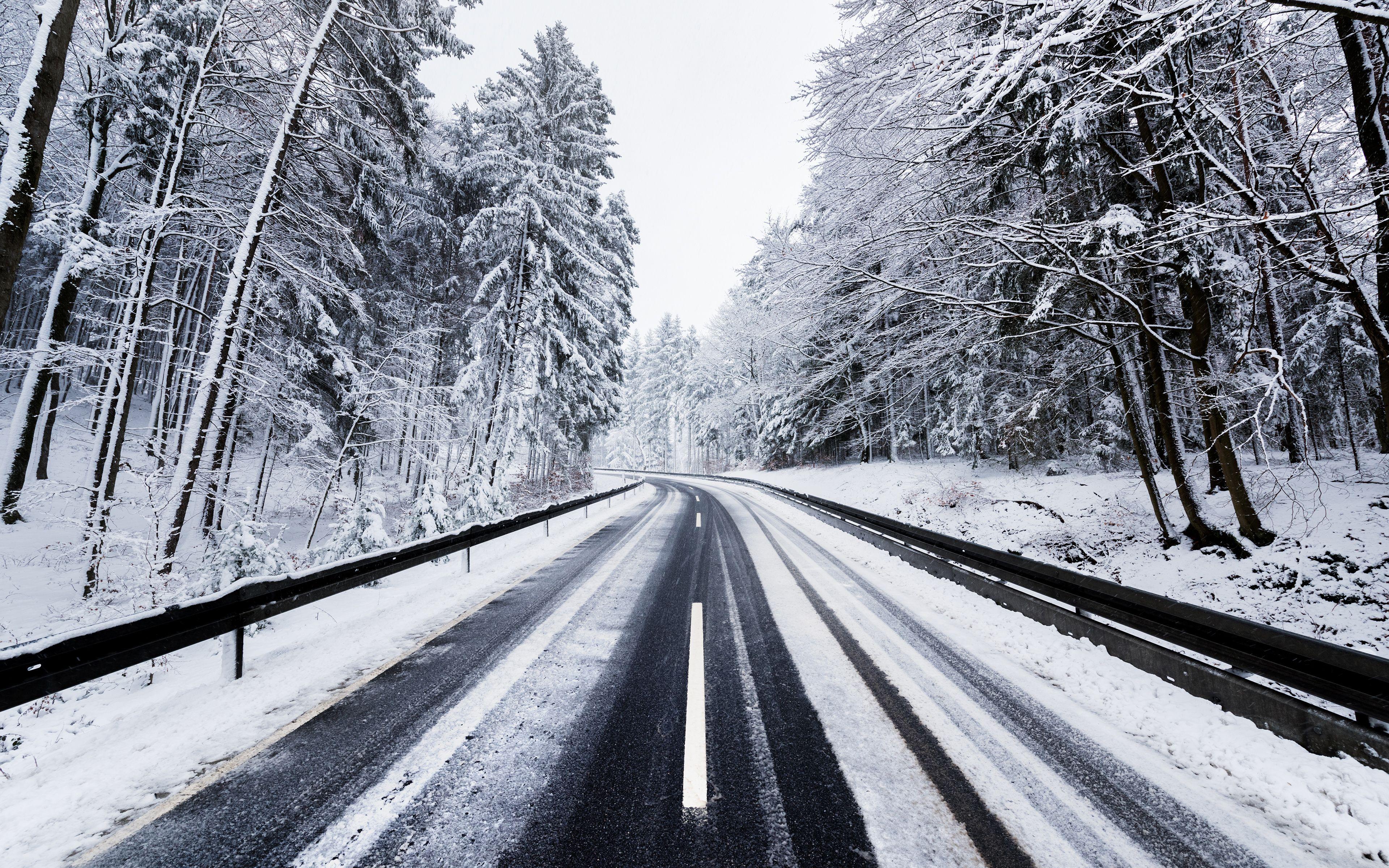 3840x2400 Wallpaper Winter, Road, Forest, Snow covered, Trees, 4K, Nature