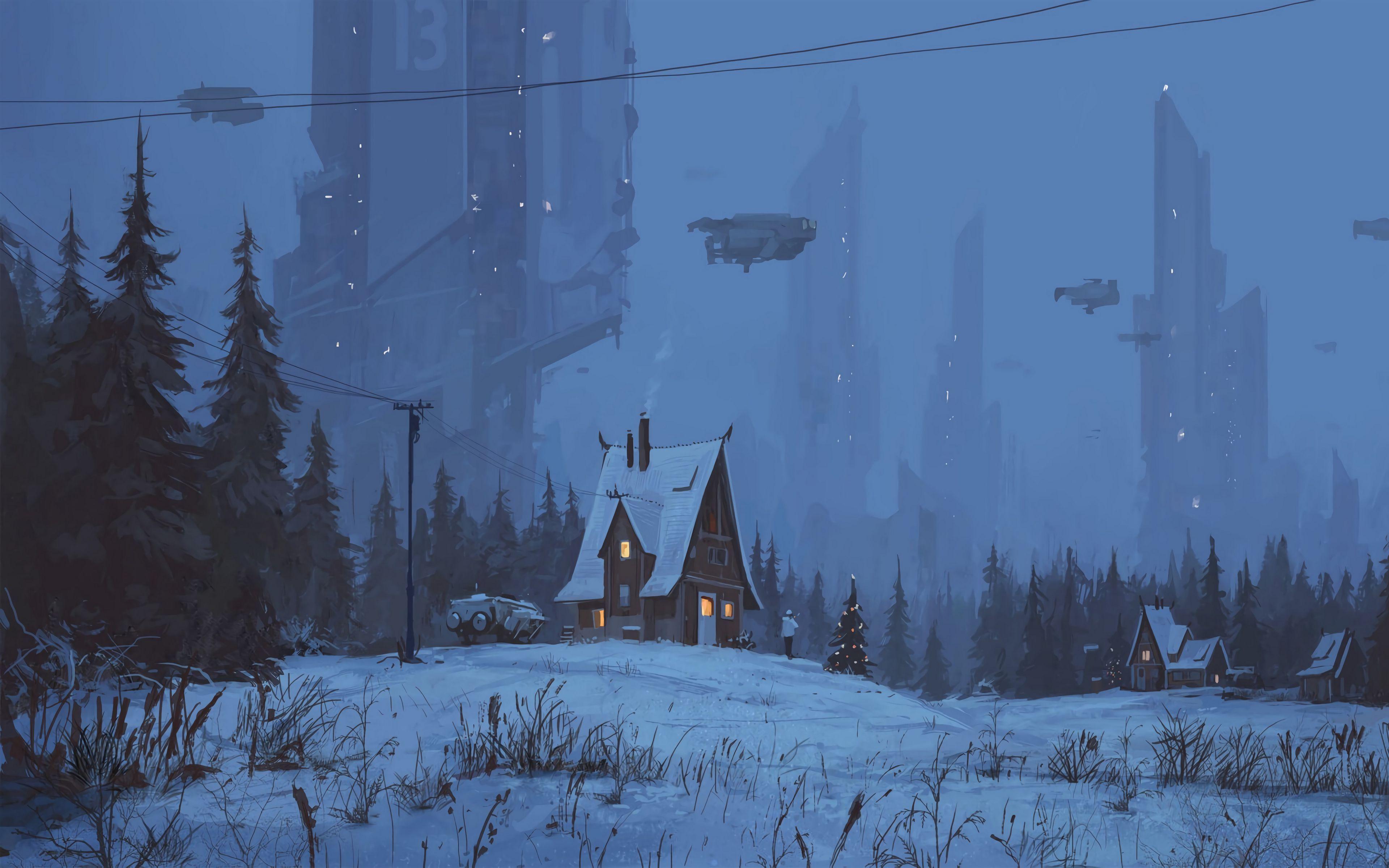 3840x2400 Download wallpaper 3840x2400 house, future, art, night, winter 4k