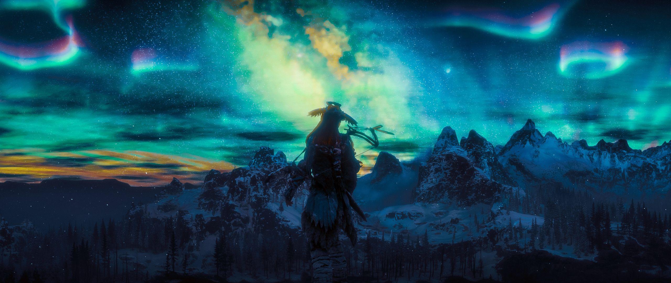 2560x1080 Download Northern Lights, Aloy, video game, Horizon Zero Dawn