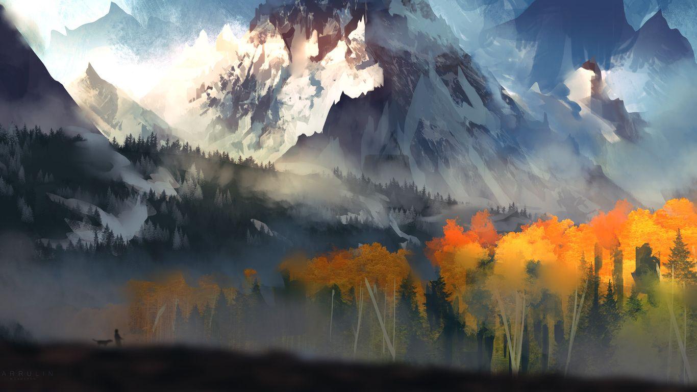 1366x768 Landscape Scenery Moutain Autumn Digital Art 5k 1366x768