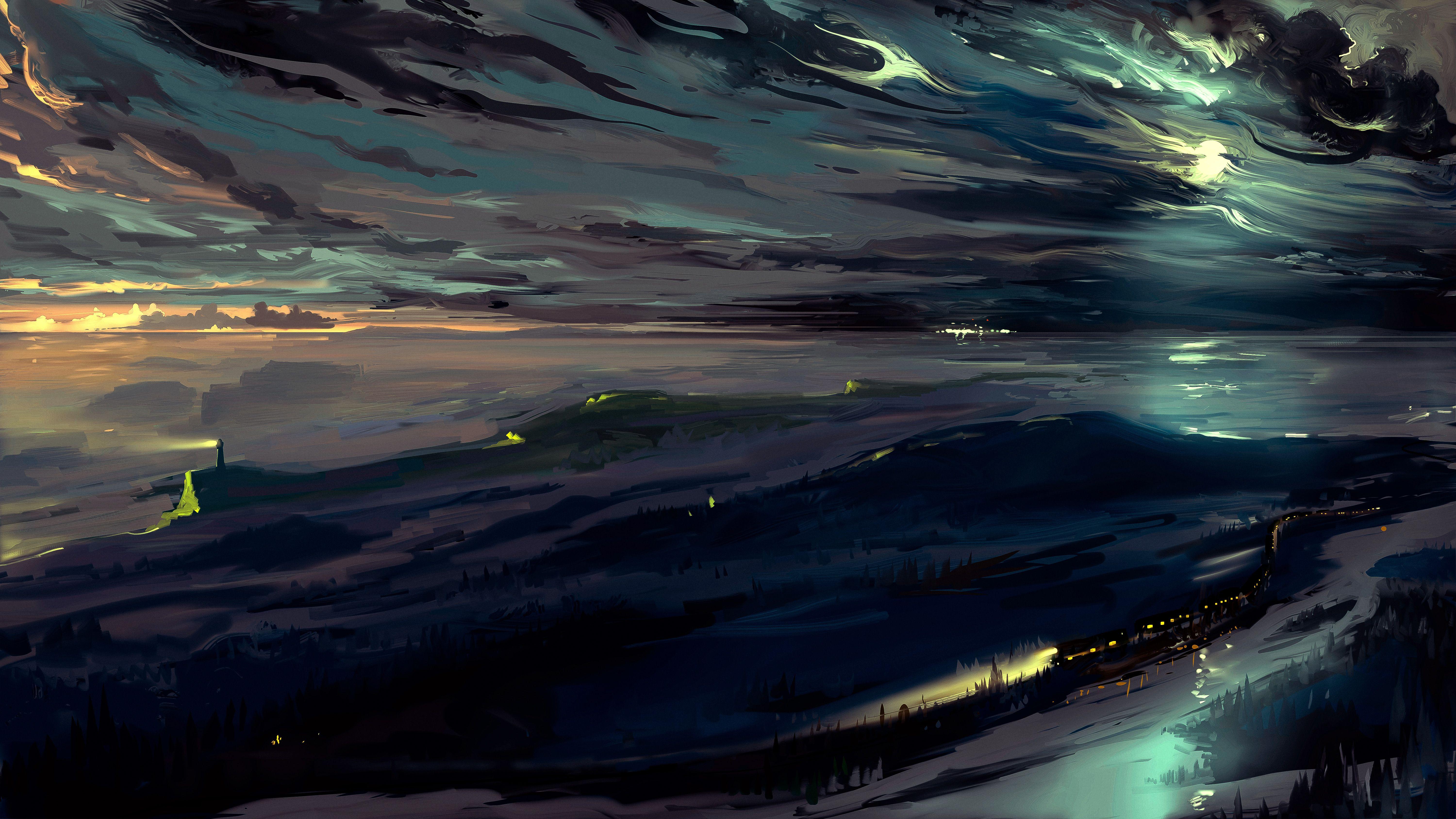 6000x3375 Last Train Of Town Landscape Scenery Digital Art 5k