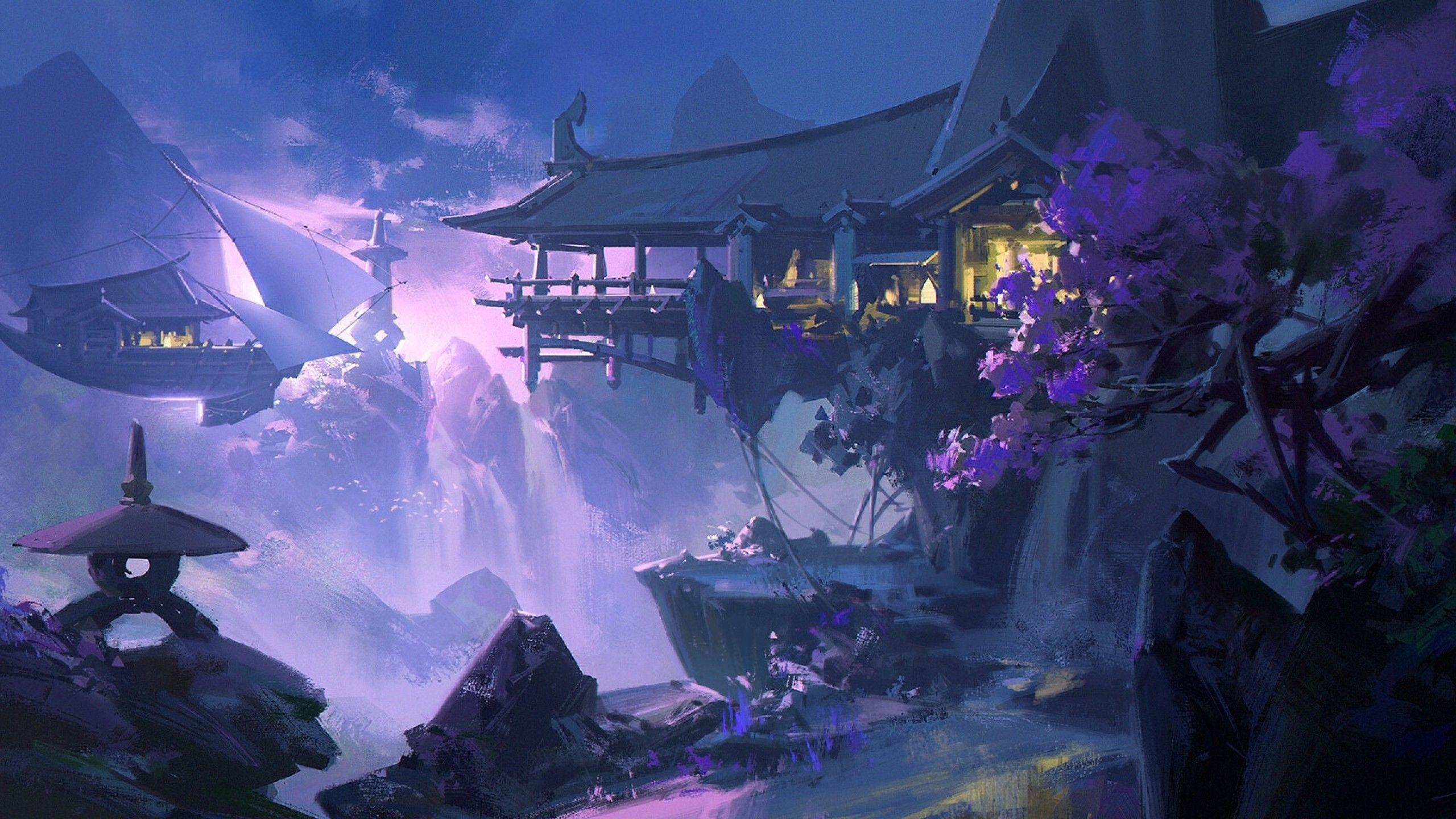 2560x1440 Download 2560x1440 Fantasy Landscape, Cliff, Building, Concept Art