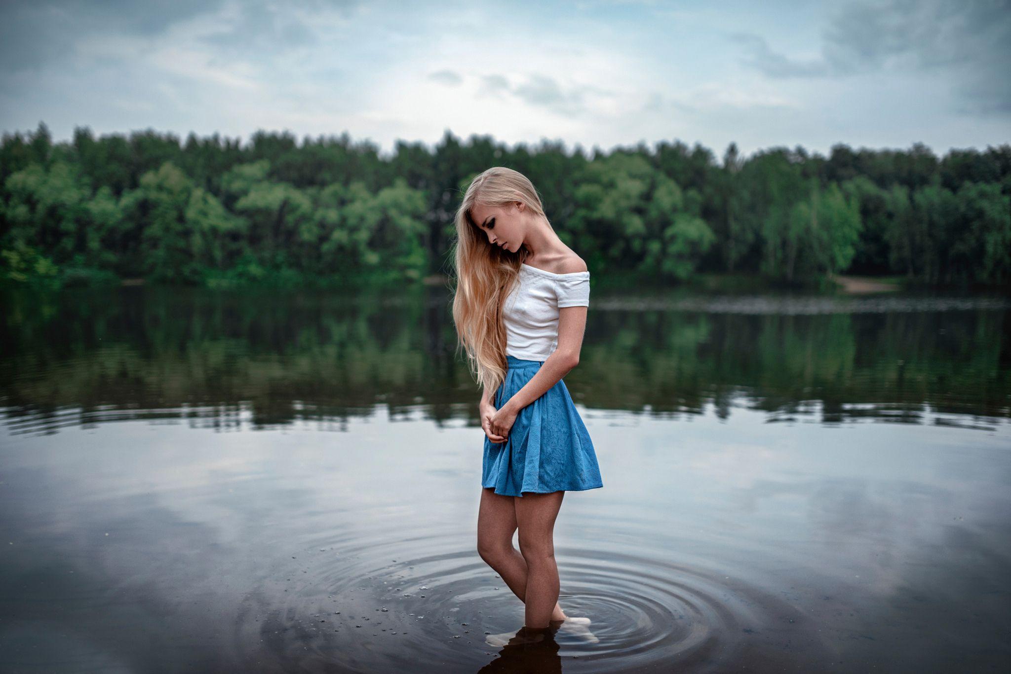 2048x1367 Cute, Sad, Girl, Alone, Lake, Skirt, Trees, Forest wallpaper