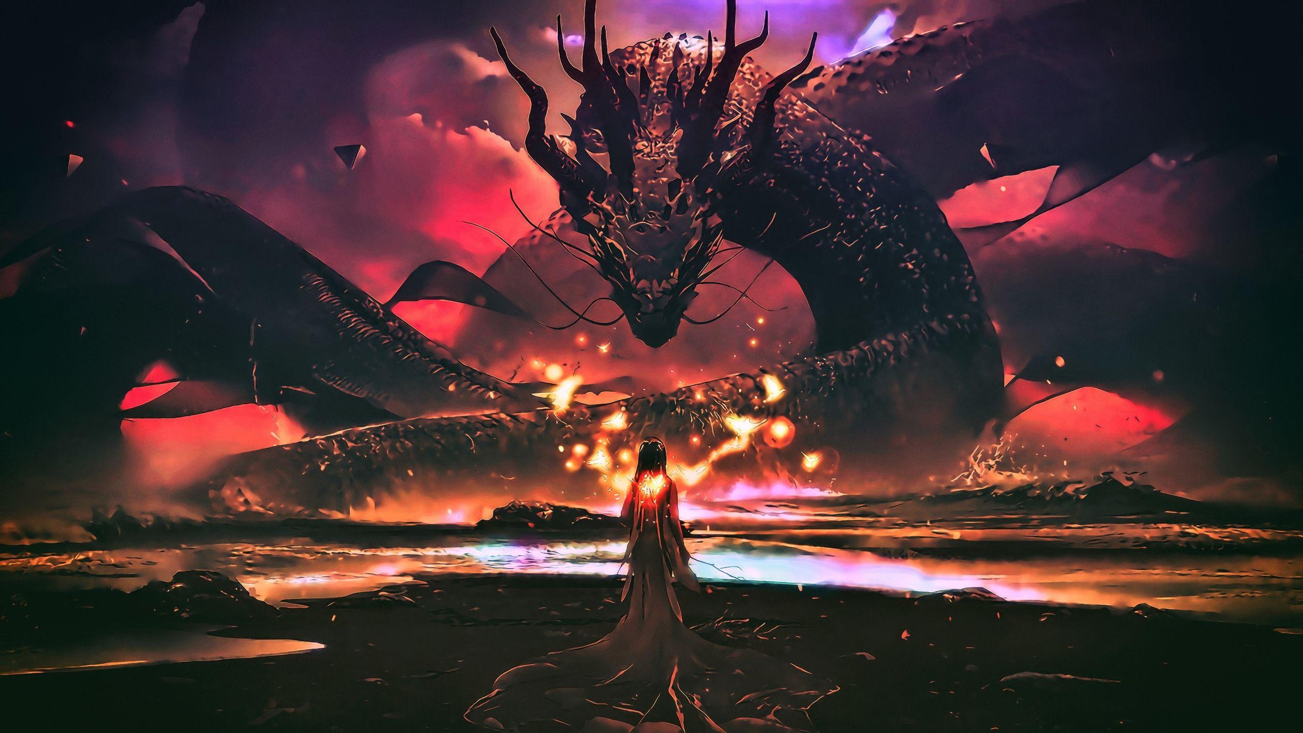 2560x1440 Download 2560x1440 wallpaper dragon, sea monster, woman, fantasy