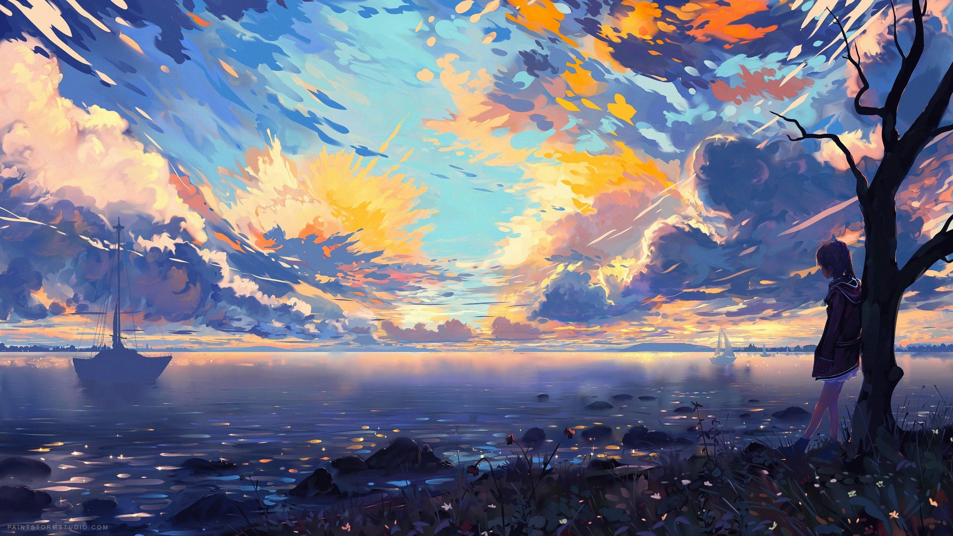 3200x1800 Download 3200x1800 Anime Girl, Horizon, Landscape, Clouds, Sunset