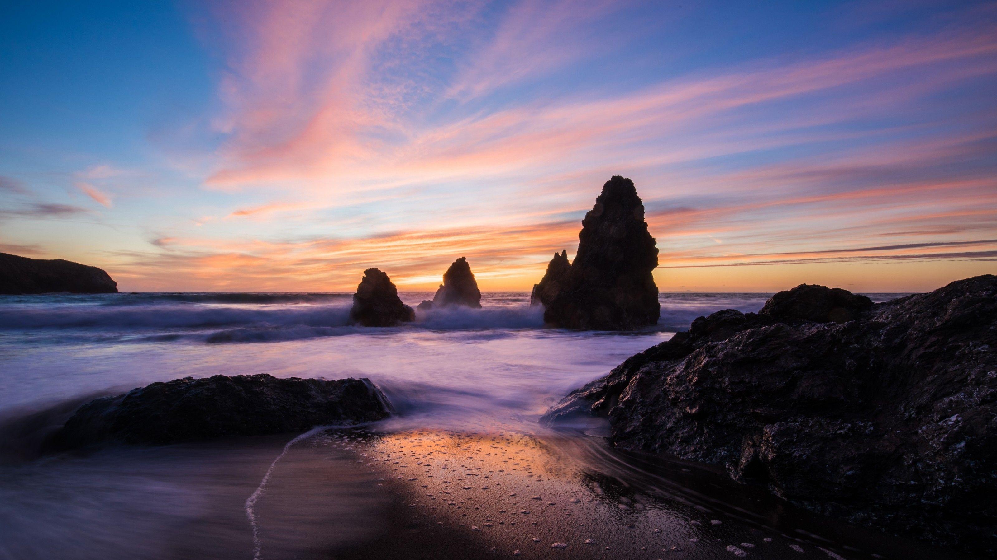 3200x1800 Download 3200x1800 Sunset, Ocean, Horizon, Coast, Rocks Wallpaper