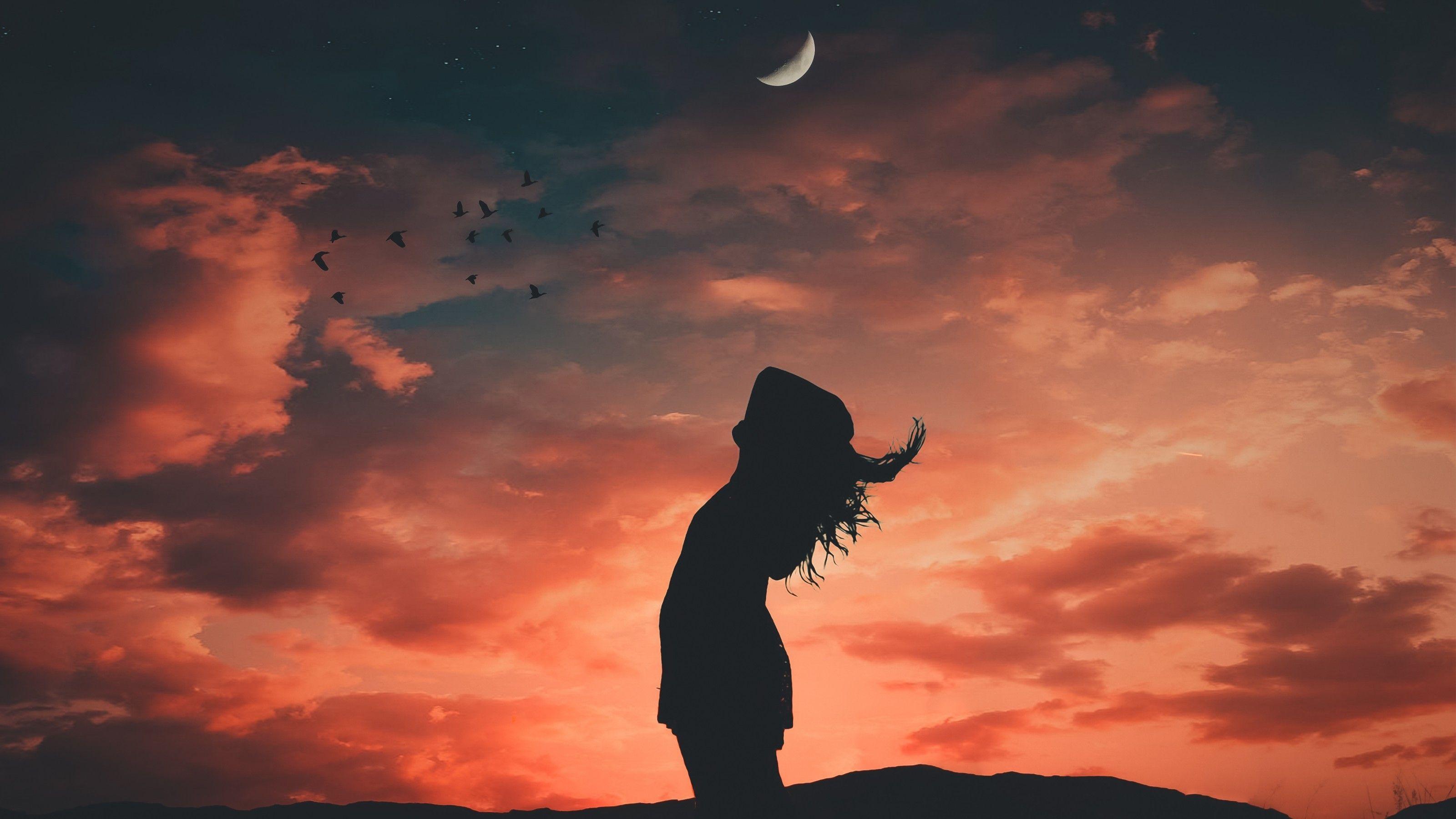 3200x1800 Download 3200x1800 Sunset, Woman Silhouette, Crescent, Clouds