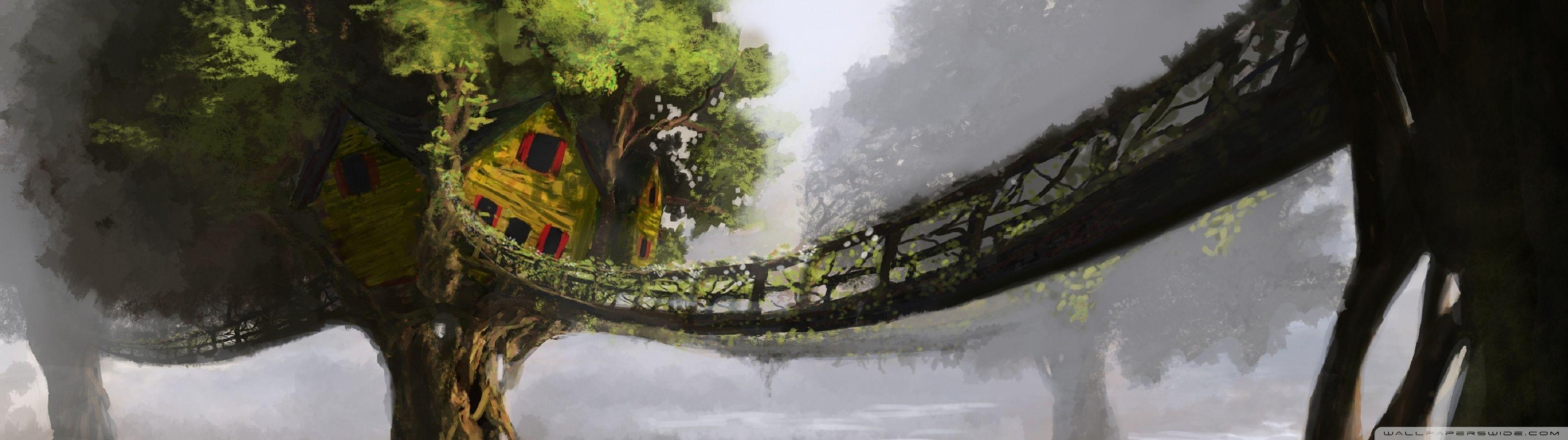 3200x900 Fantasy Tree House Ultra HD Desktop Background Wallpaper for 4K
