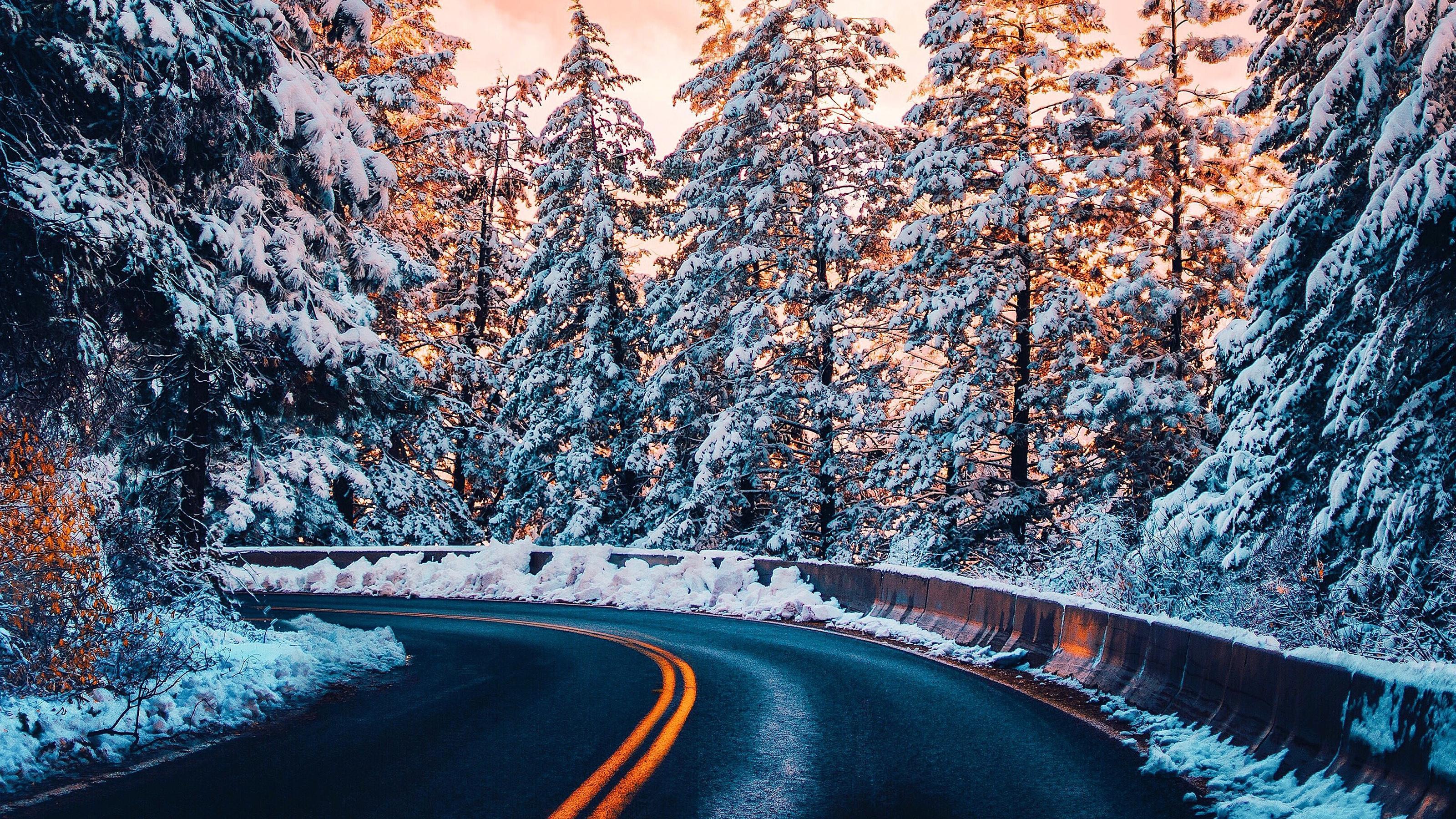 3200x1800 Winter Forest Road HD desktop wallpaper : Widescreen : High