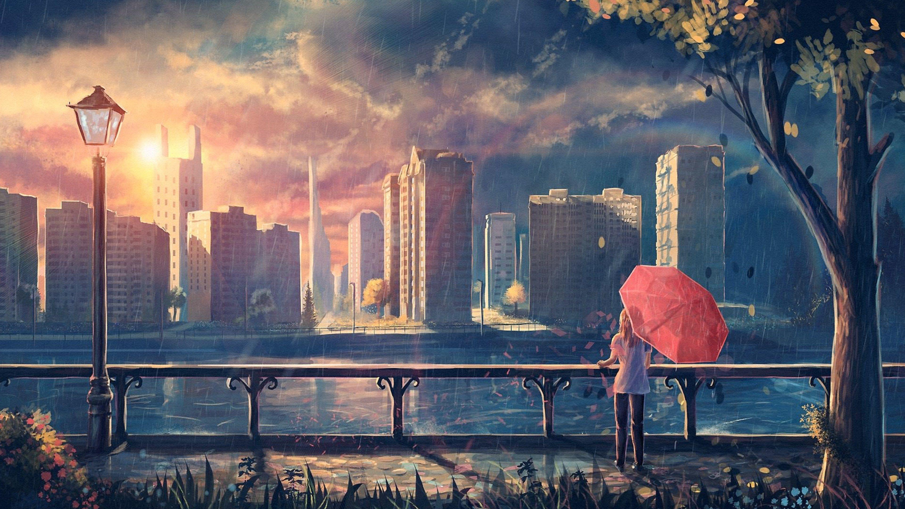 3840x2160 Wallpaper 4k Anime Girl Cityscape Umbrella Trees 4k 4k Wallpaper
