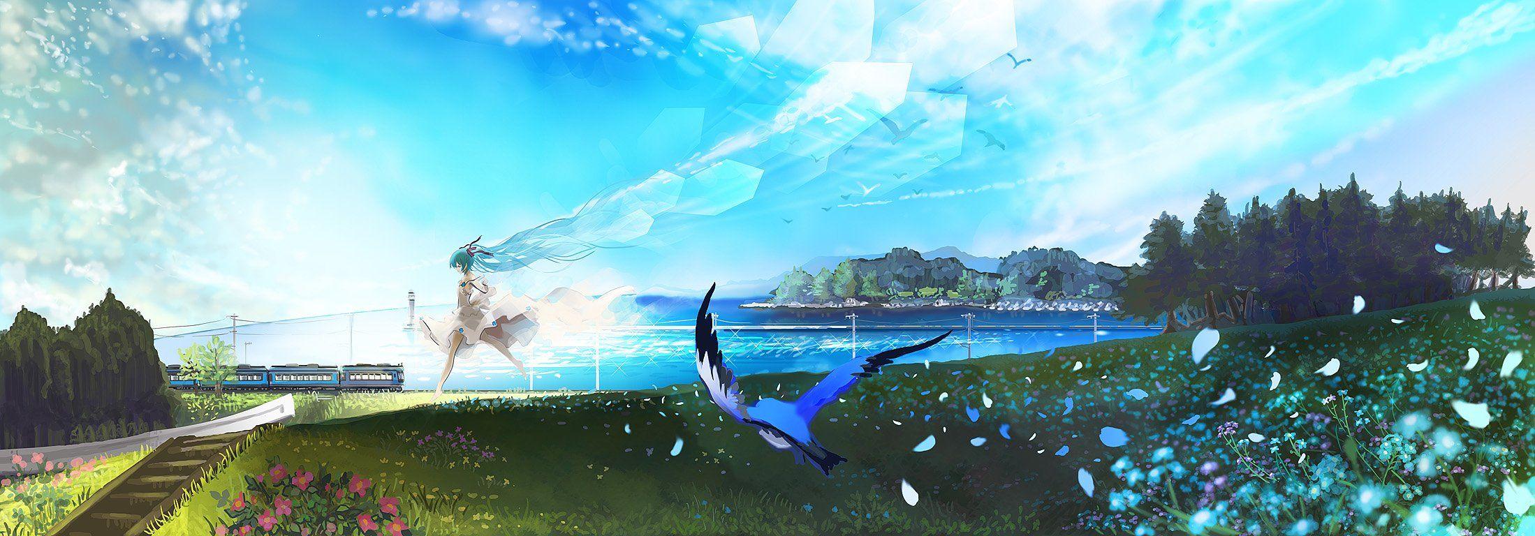 2198x768 Anime Girls Birds Flowers Grass Hatsune Miku Running Sea Train