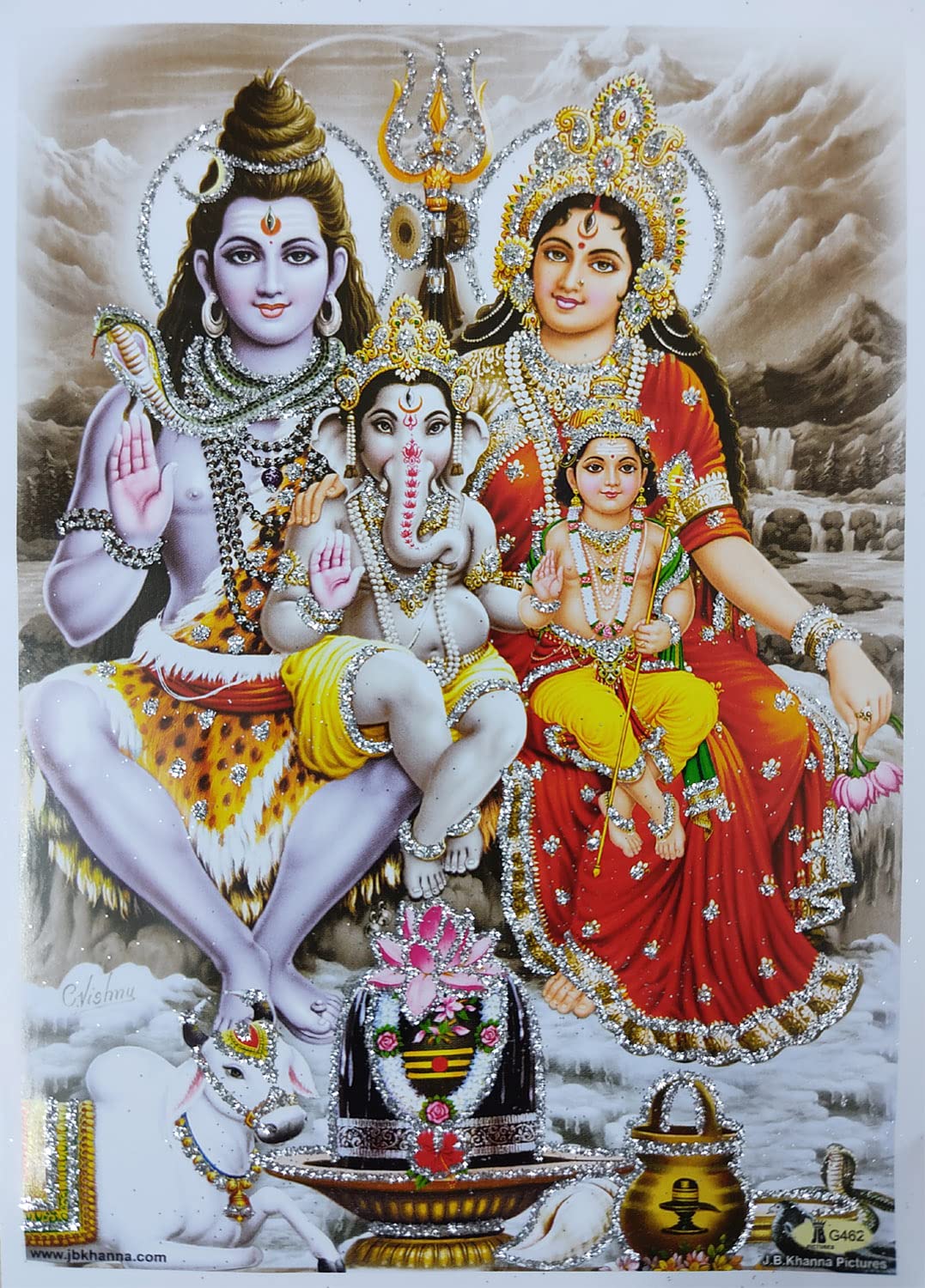 1077x1500 Crafts Of India Lord Shiva Family Poster Hindu God Picture With Glitter (Unframed : Size 5X7 Inches): Posters & Prints