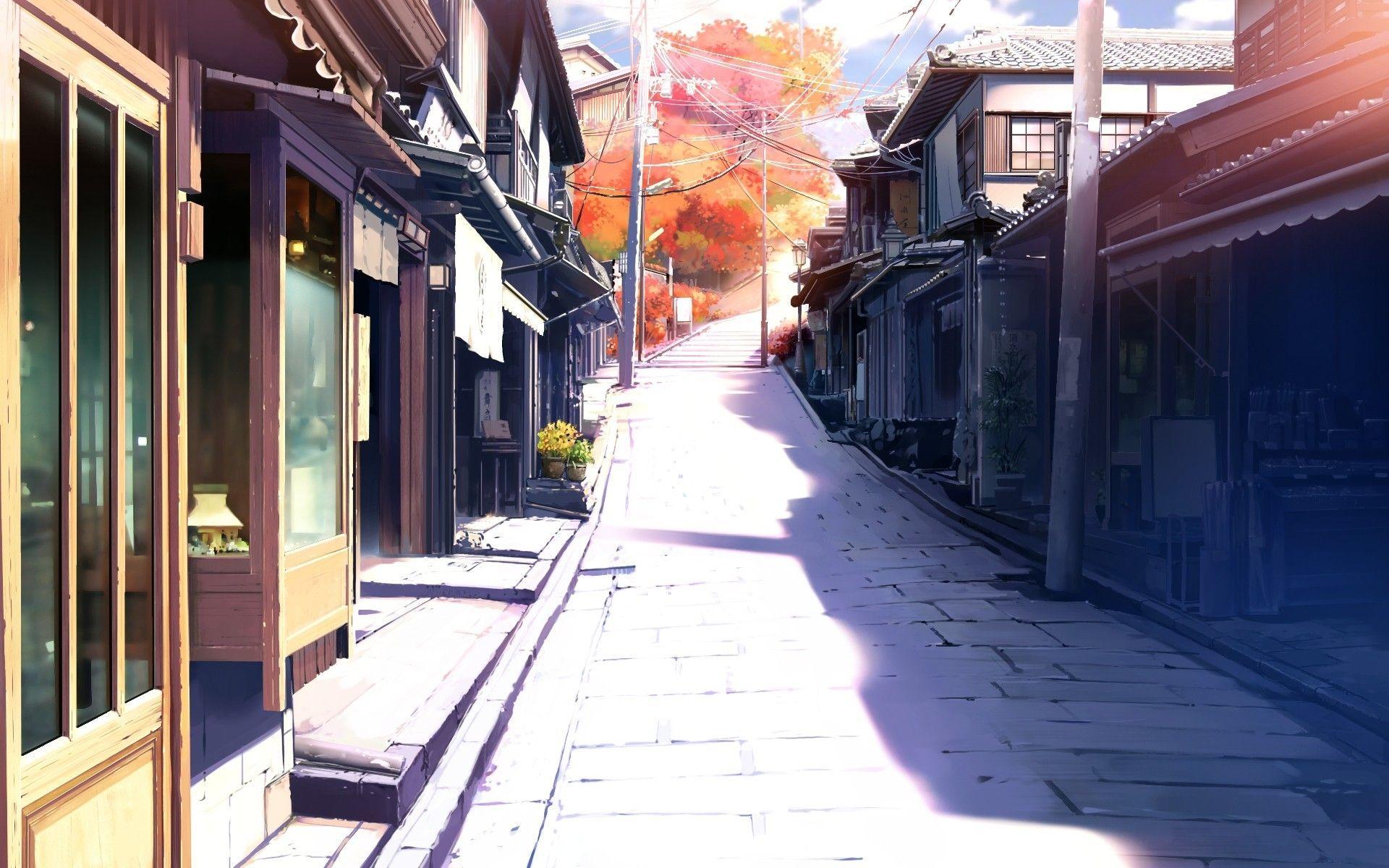 1920x1200 anime, fall, architecture, city, road, landscape, drawing wallpaper