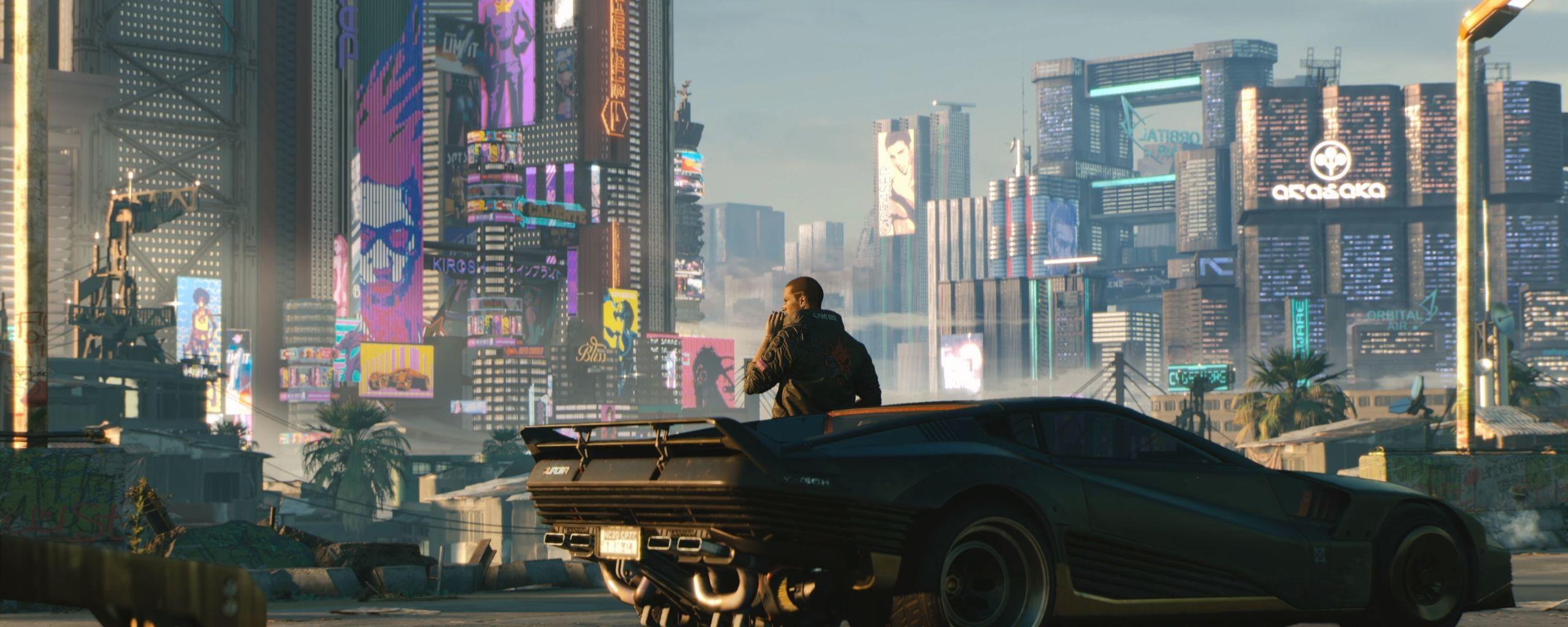 2560x1024 Download 2560x1024 wallpaper cyberpunk man with future car