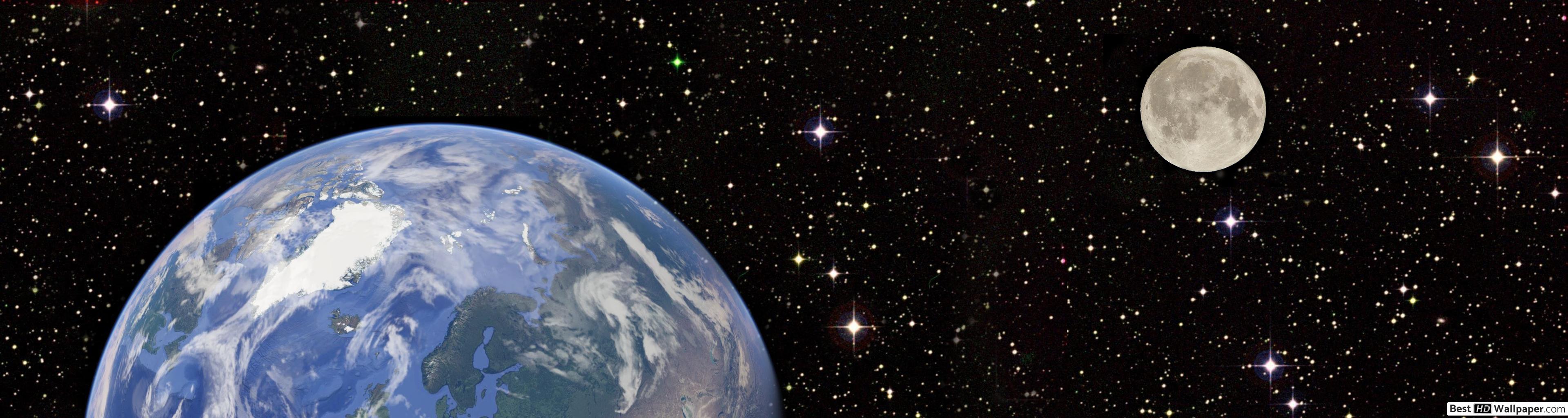 3840x1024 In the space, earth and moon HD wallpaper download