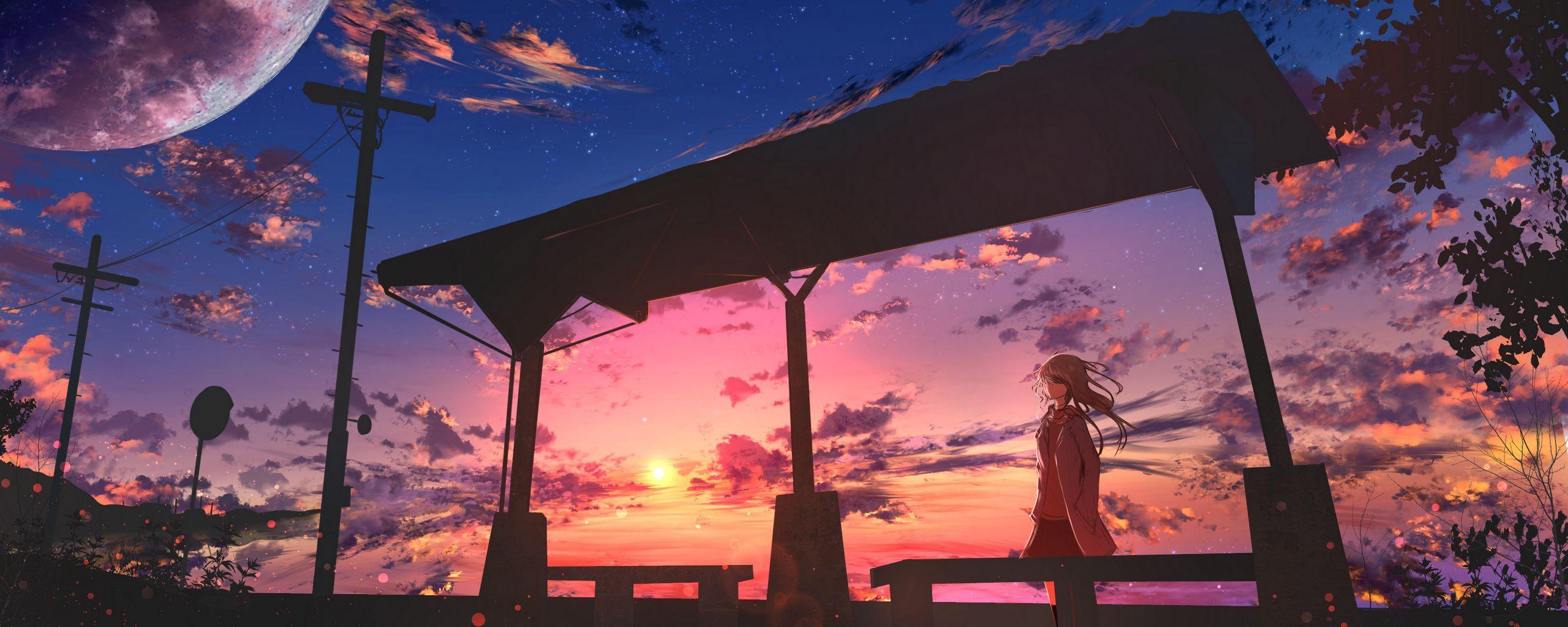 2560x1024 Download wallpaper 2560x1024 girl, twilight, clouds, anime